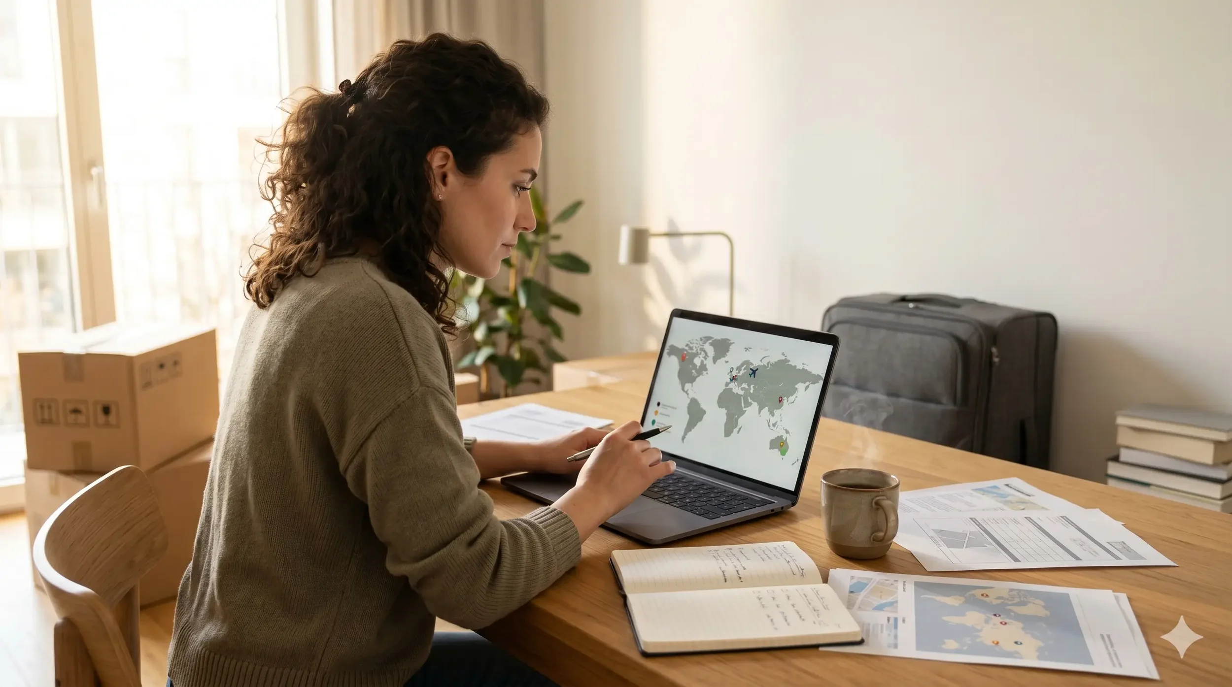 Solo mover planning a cross border relocation at a desk, reviewing documents and maps without support from an HR or global mobility team