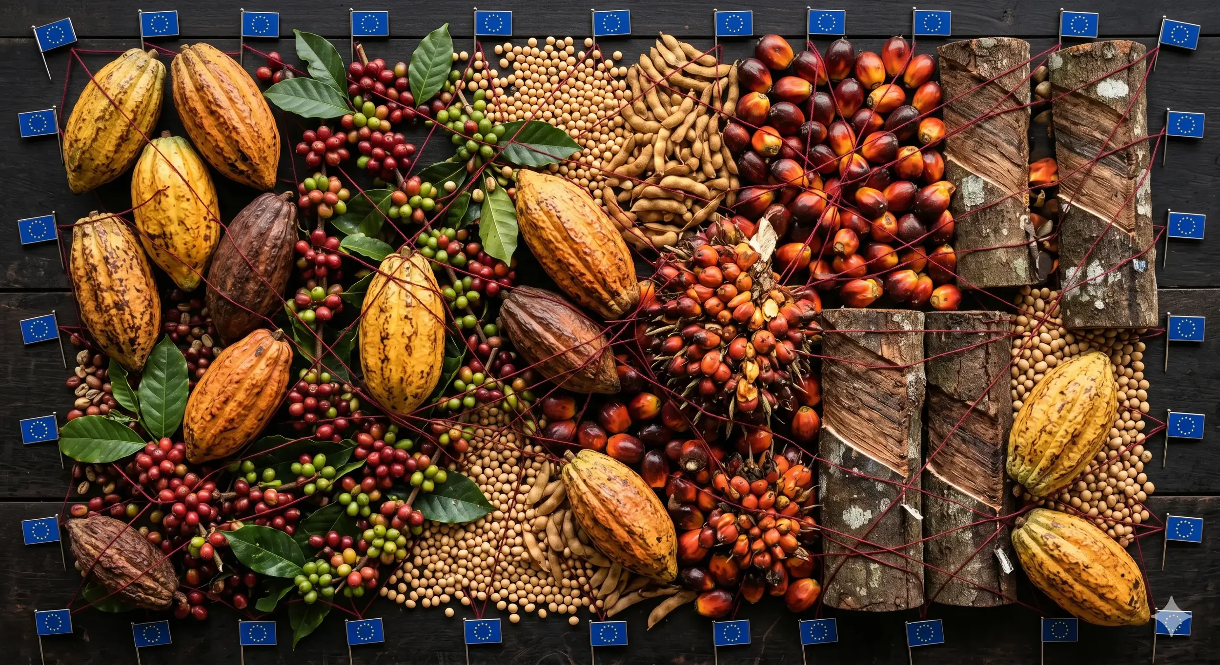 Overhead view of a global food commodity supply chain network showing cocoa, coffee and soy origin points connected to European distribution hubs, representing EUDR traceability and procurement compliance pressure.