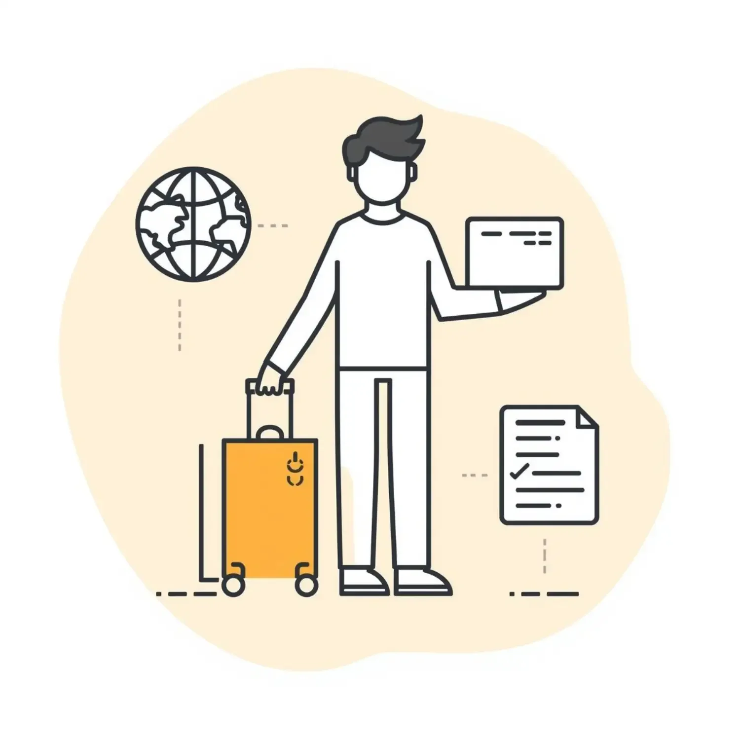 A professional consultant working on a laptop with a digital overlay of global business connections and European flags, representing strategic relocation services