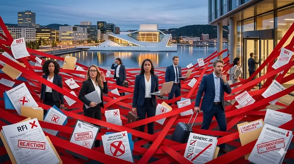 Specialized workers in Norway trapped in red tape of RFIs, missing apostilles, salary threshold issues and generic job descriptions in front of the Oslo waterfront