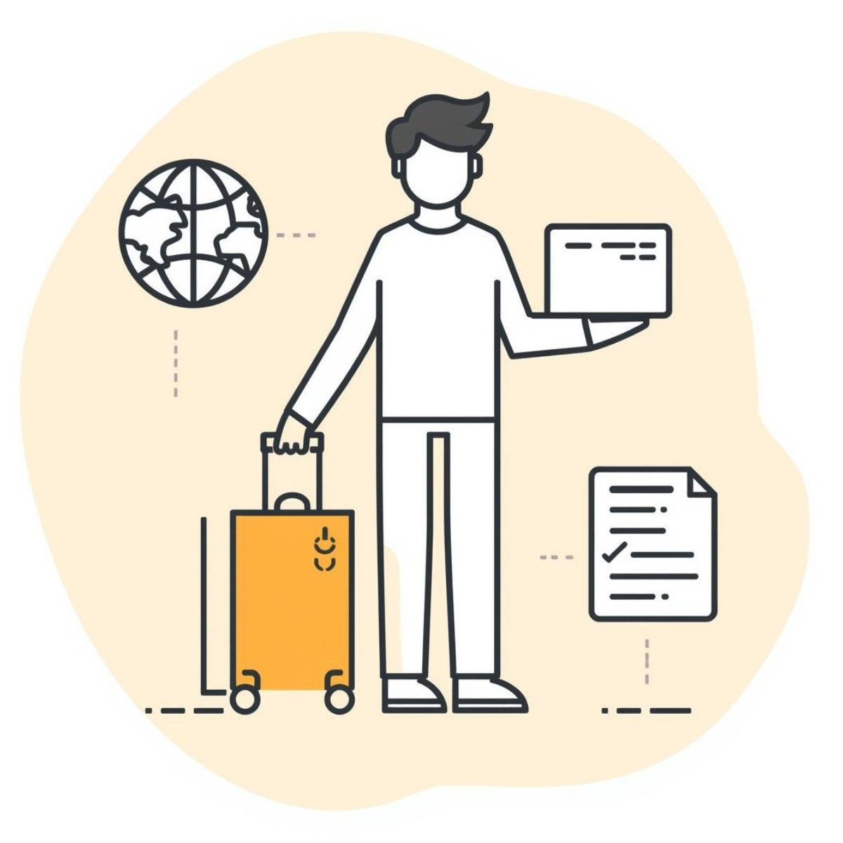 Illustration of a global professional with suitcase and laptop, representing strategic consulting for living and working across borders.