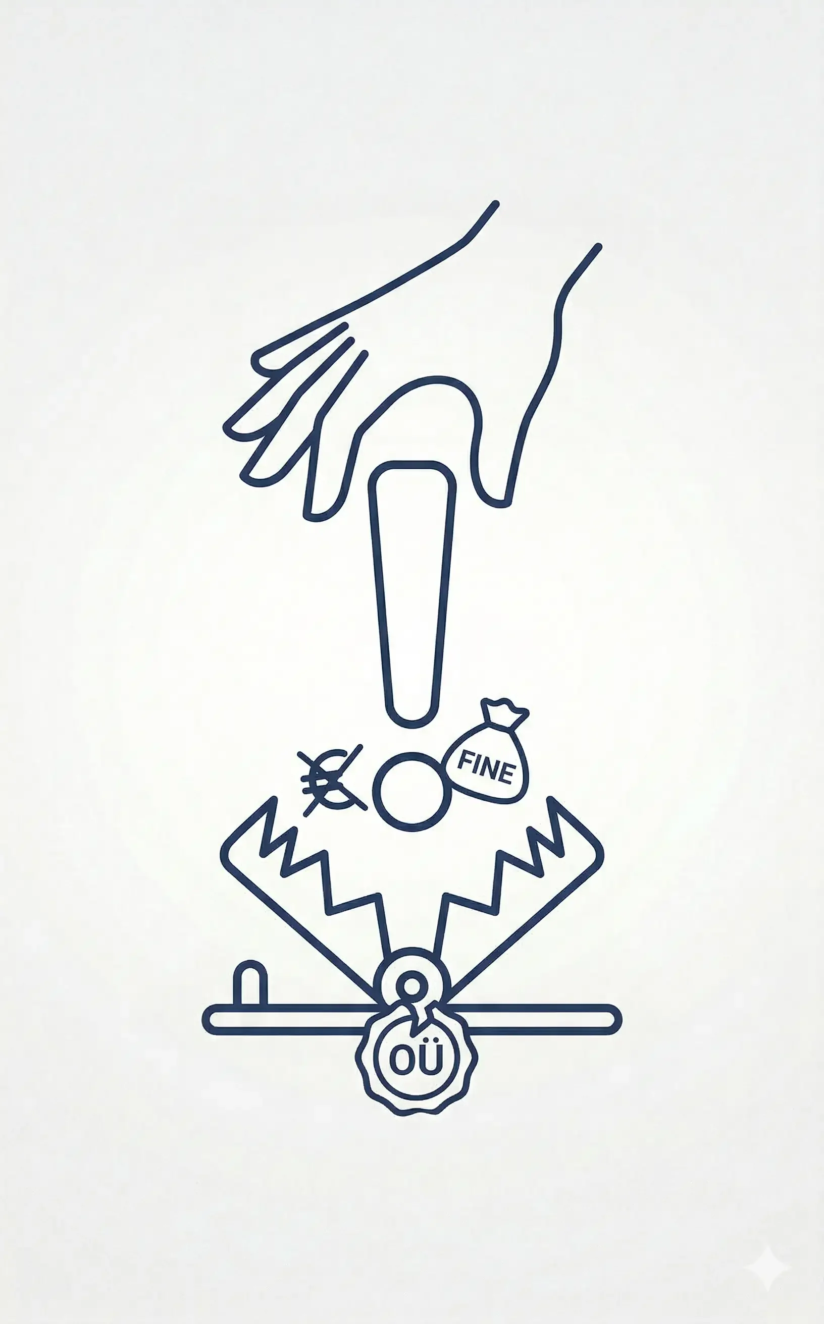 A minimalist line-art icon of a trap with an OÜ seal, representing the hidden fines, VAT penalties, and compliance risks of setting up an Estonian e-Residency business without professional guidance.