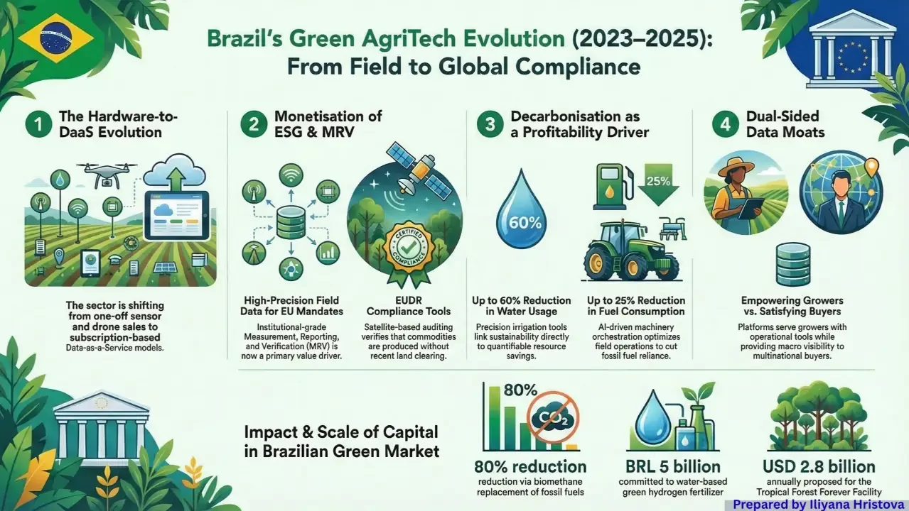 Brazilian green agritech landscape illustrating sustainable farms, satellite monitoring, and data platforms connecting Brazil with Nordic and EU investors.
