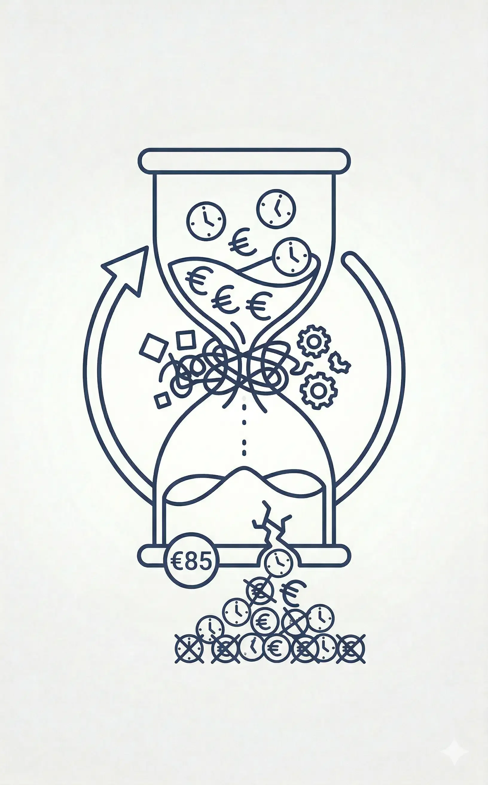 A minimalist line-art icon of an hourglass leaking time and money, representing the hidden financial cost and lost earning potential of a disorganized remote work routine.
