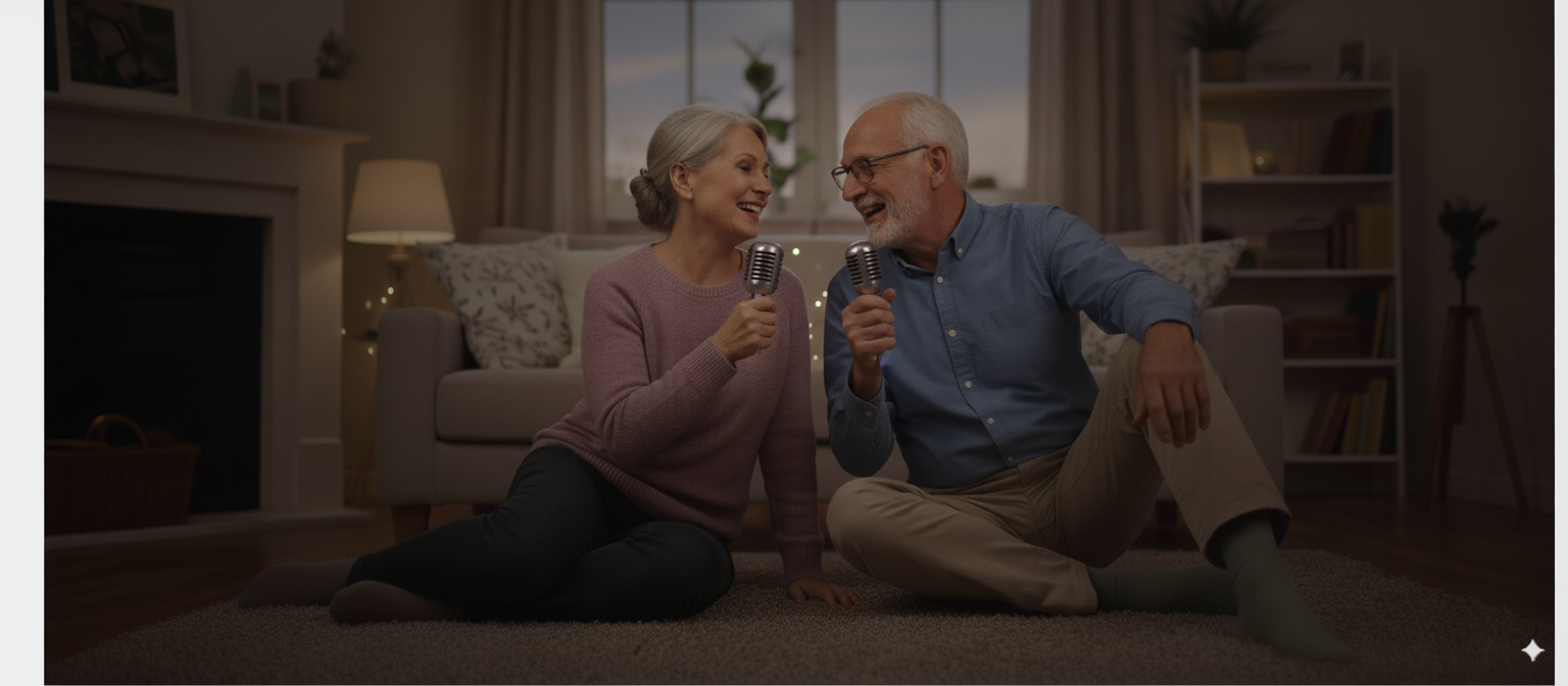 Senior couple laughing and singing into microphones while sitting cross-legged on a living room carpet.