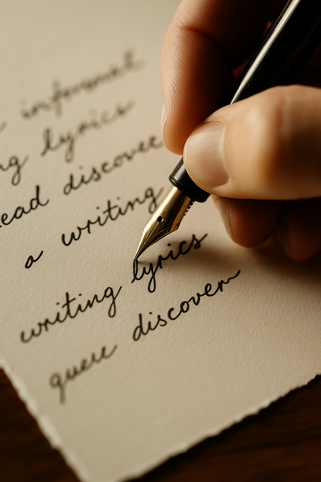 Close-up of a hand holding a fountain pen writing on a cream-colored, textured paper with cursive handwriting.