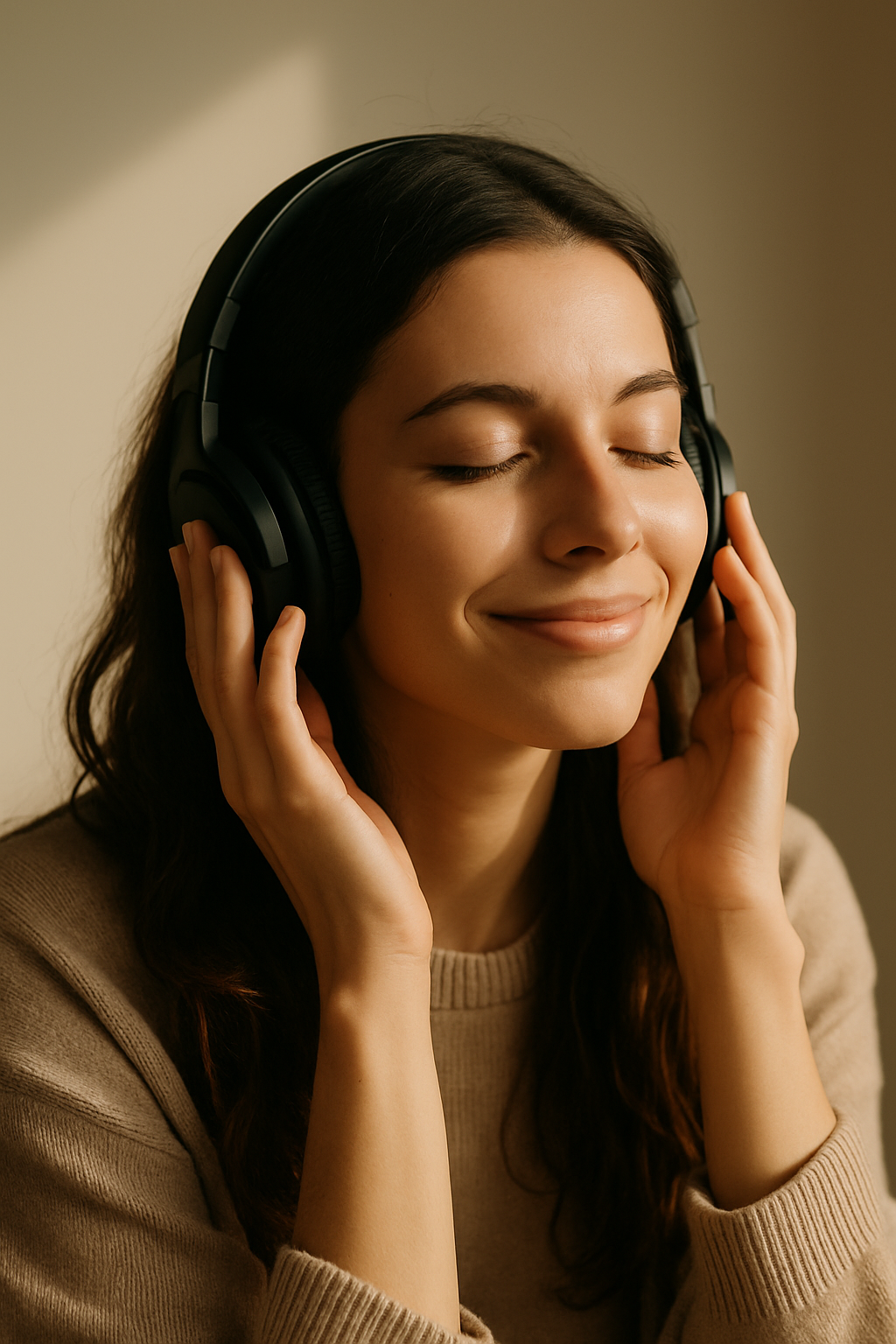 A young woman smiling with her eyes closed while listening to music on headphones, enjoying a relaxing and personal song experience