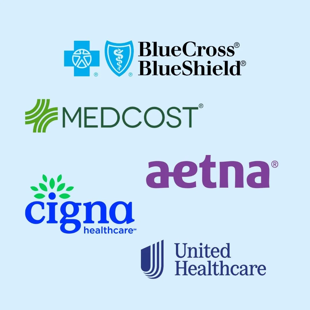 Logos of various healthcare companies on a light blue background, including Blue Cross Blue Shield, MedCost, Aetna, Cigna Healthcare, and United Healthcare.