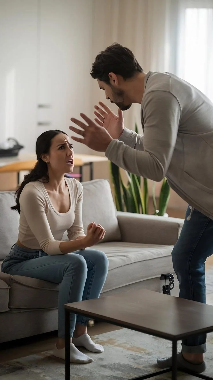 A woman sitting on a couch looks upset and angry, while a man standing in front of her appears to be yelling or arguing with her.
