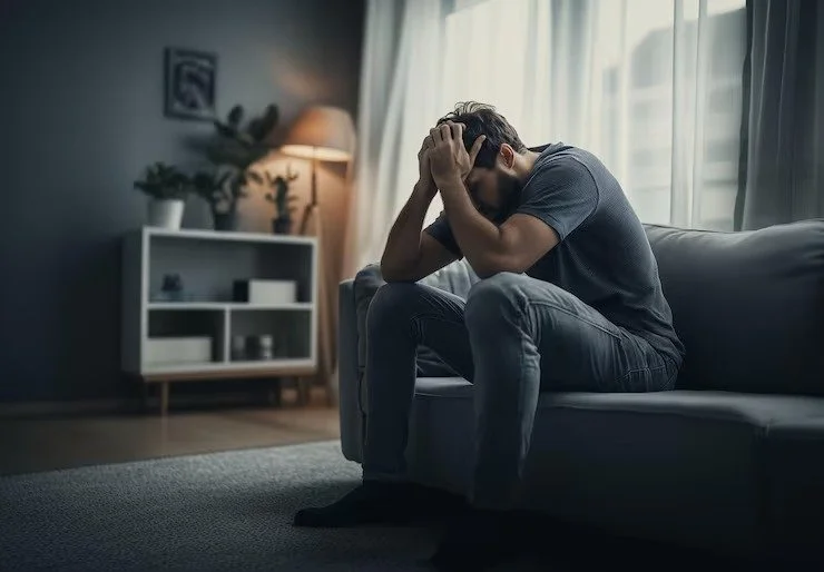 A man sitting on a sofa with his head in his hands in a dimly lit living room.