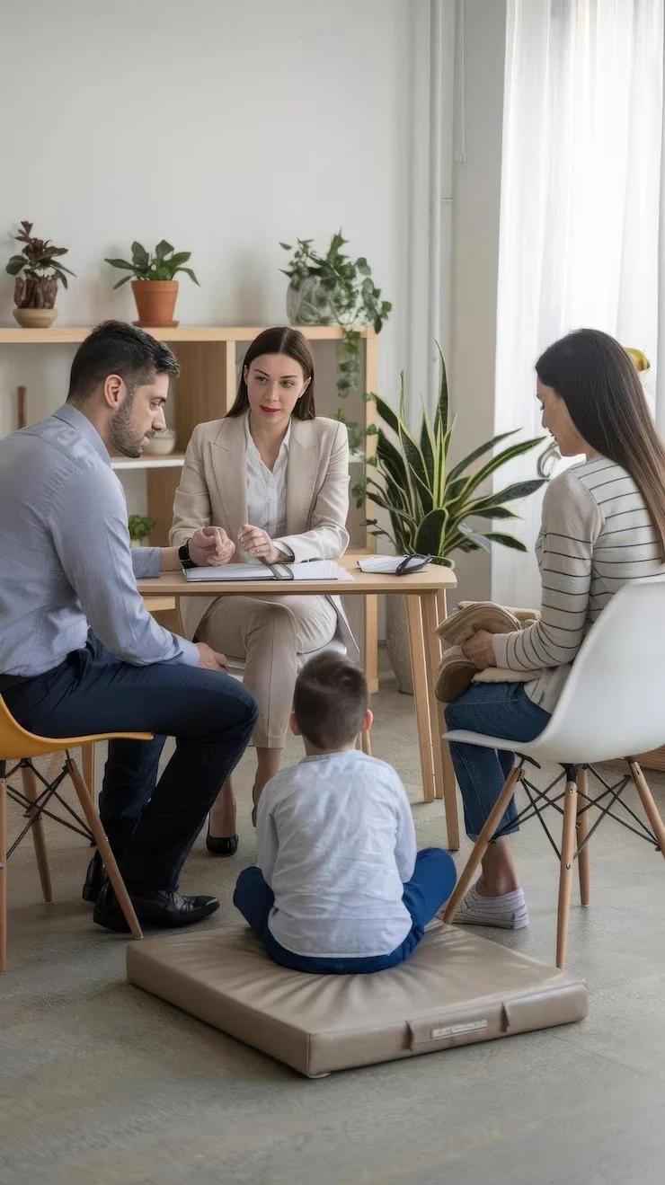 A therapist conducts a session with a family of four in a cozy, well-lit office with white walls and potted plants. The therapist, a woman in a beige suit, listens attentively to the young boy, who sits on a padded mat with his back to the camera. The boy's parents, a man and a woman, are seated across from the therapist, engaged in the conversation.