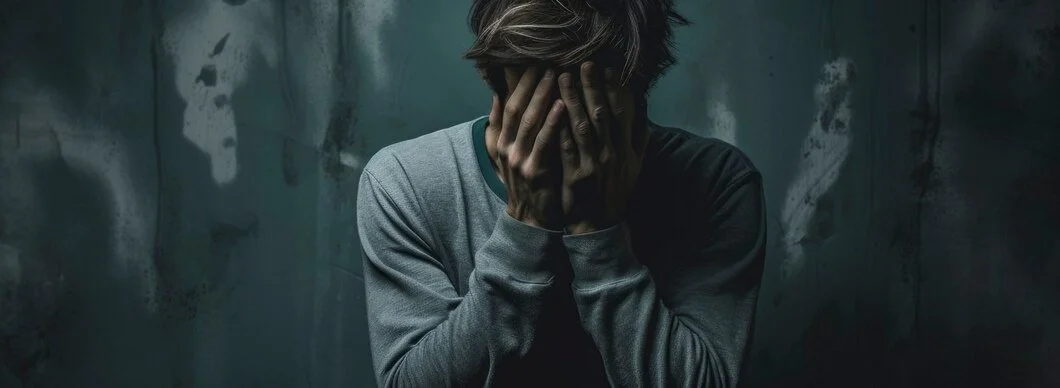 A person covering their face with their hands, appearing distressed, in front of a dark, textured wall.