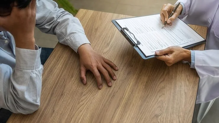 Doctor reviewing a patient's medical history on a clipboard during a consultation.
