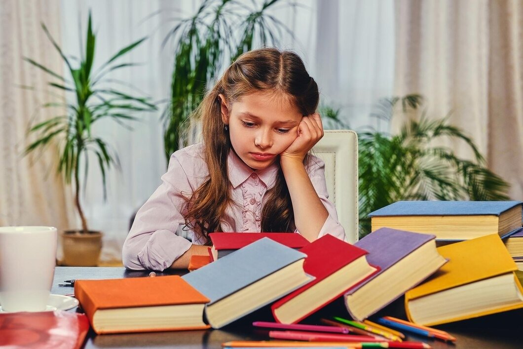 A young girl sitting at a table with a pile of colorful books and pens, looking bored or frustrated.