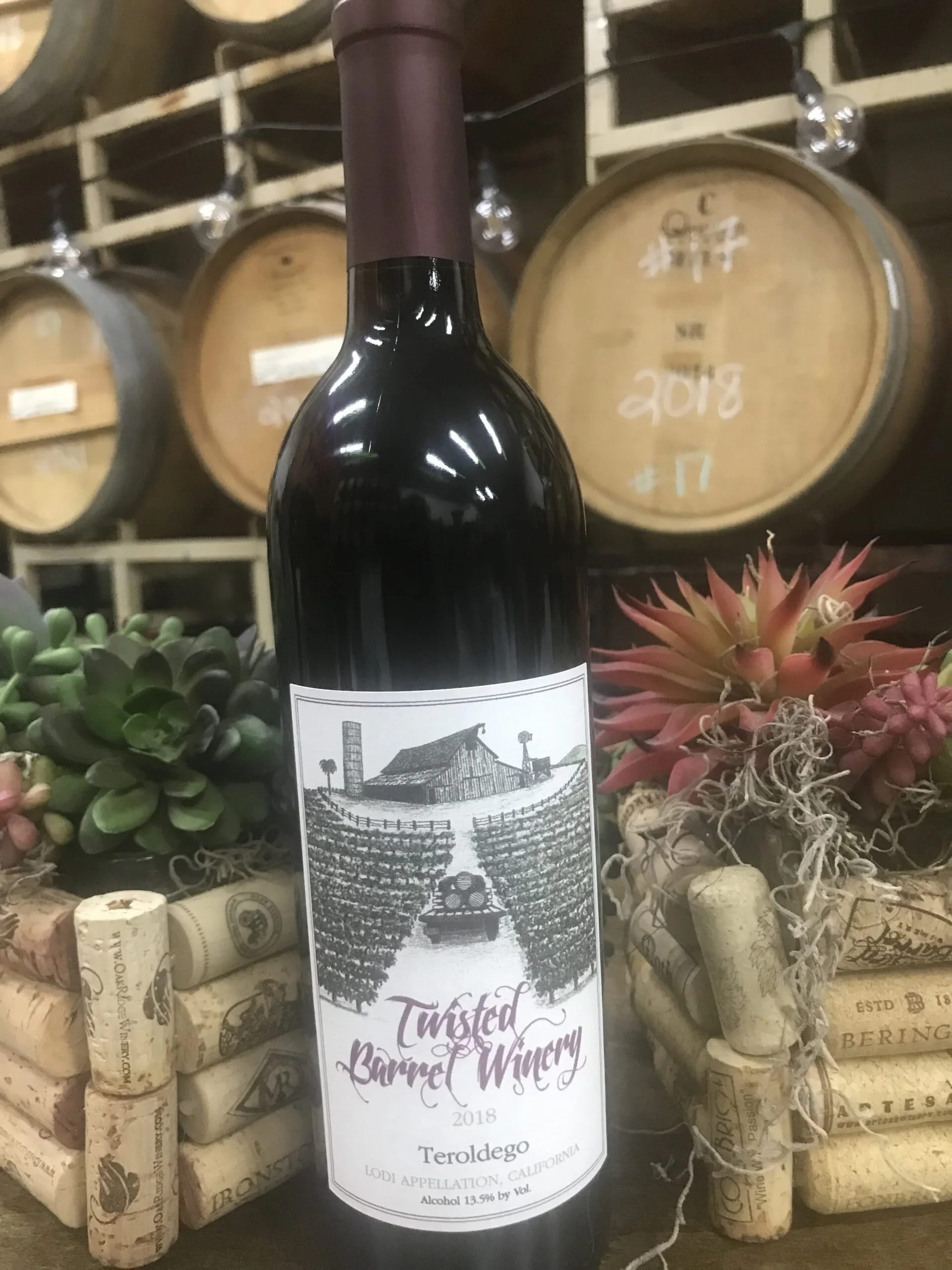 A bottle of Twisted Barrel Winery wine labeled 'Teroldego' from 2018, surrounded by corks, succulents, and pinkish-orange flowers, in front of wine barrels in a cellar.