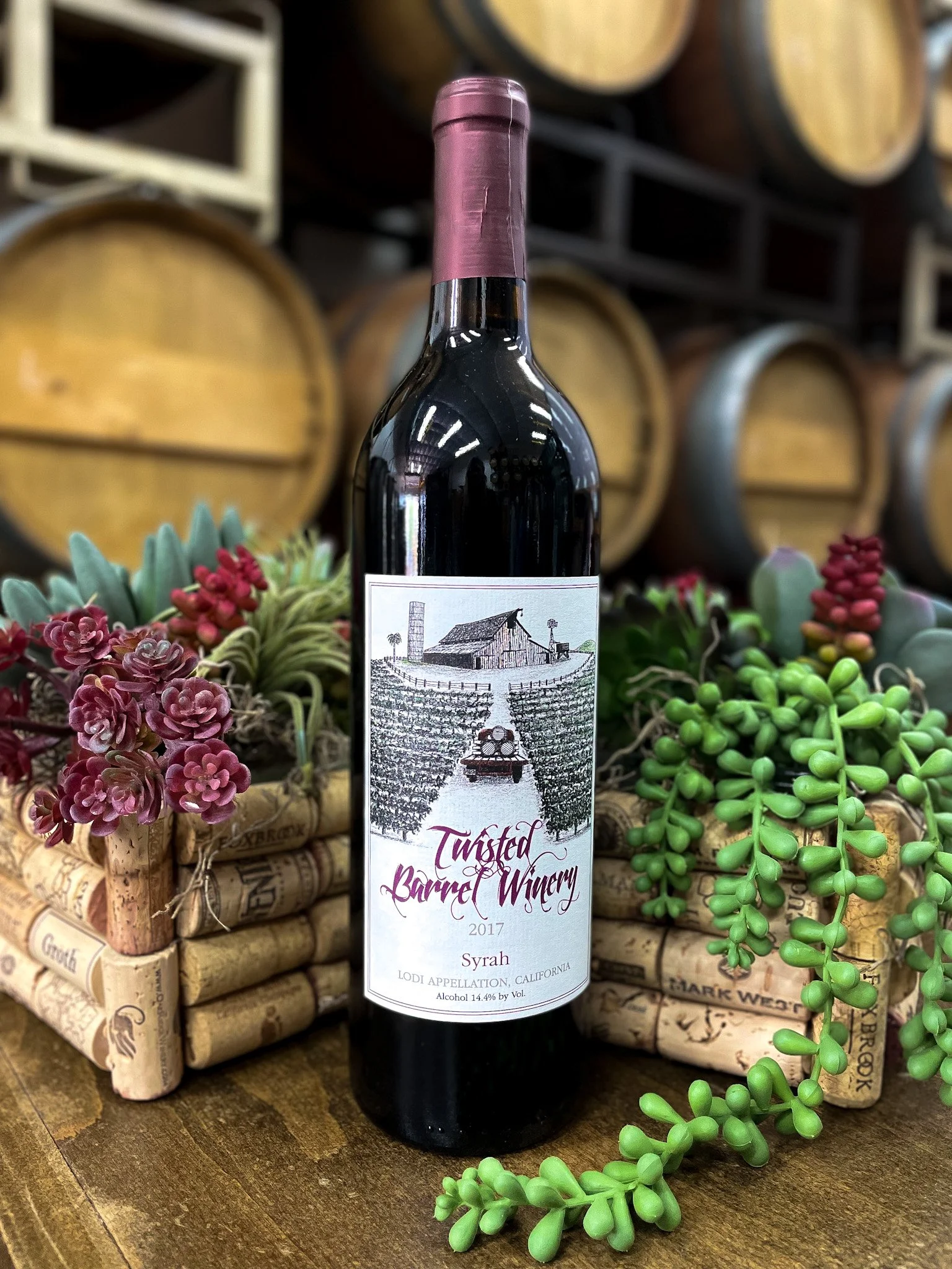 A bottle of 2017 Twisted Barrel Winery Syrah red wine on a wooden surface, surrounded by potted succulents and wine barrels in the background.