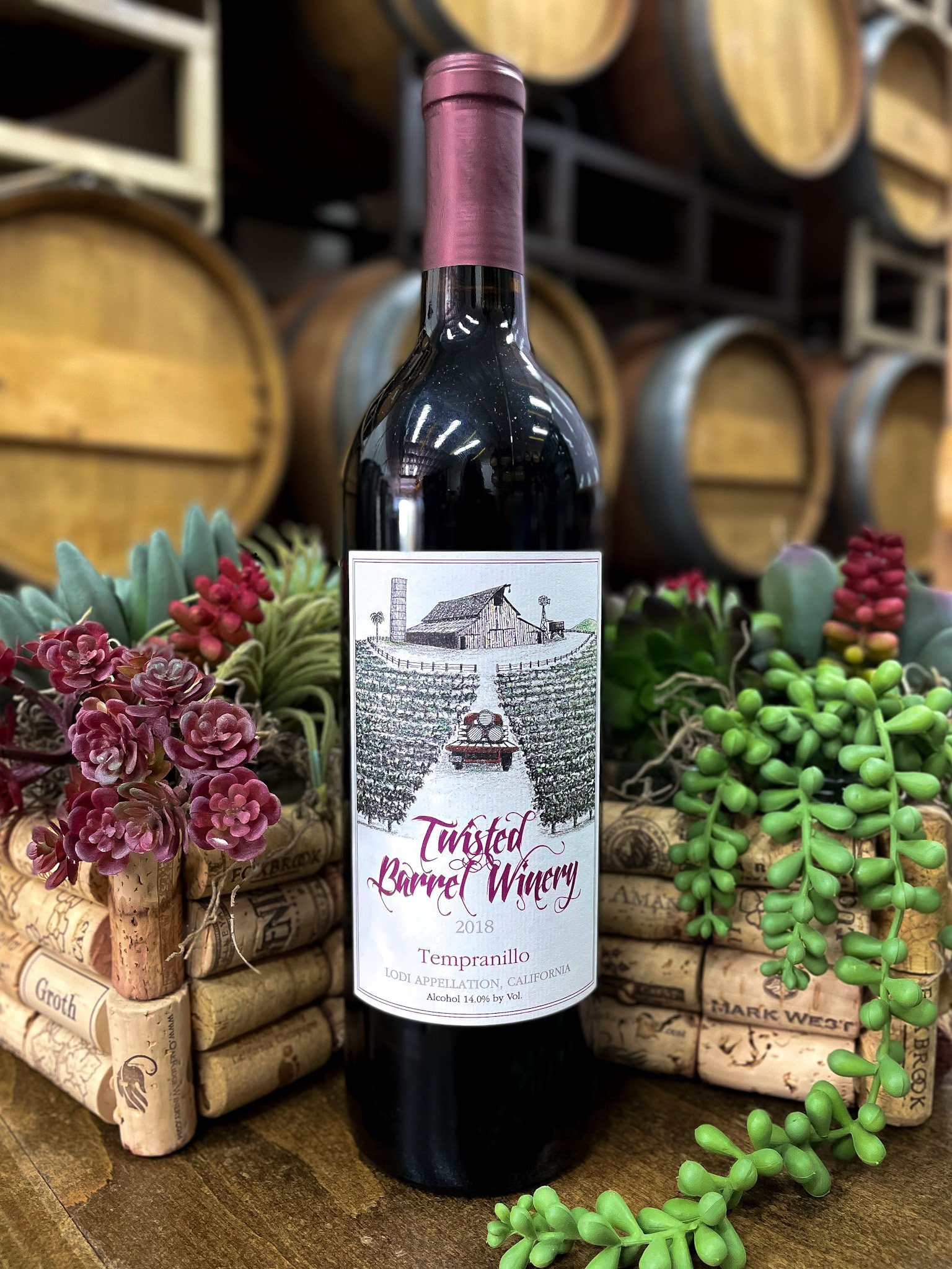 Bottle of Twisted BarreW Winery Tempranillo wine from 2018, surrounded by decorative succulent plants, with wine barrels in the background.