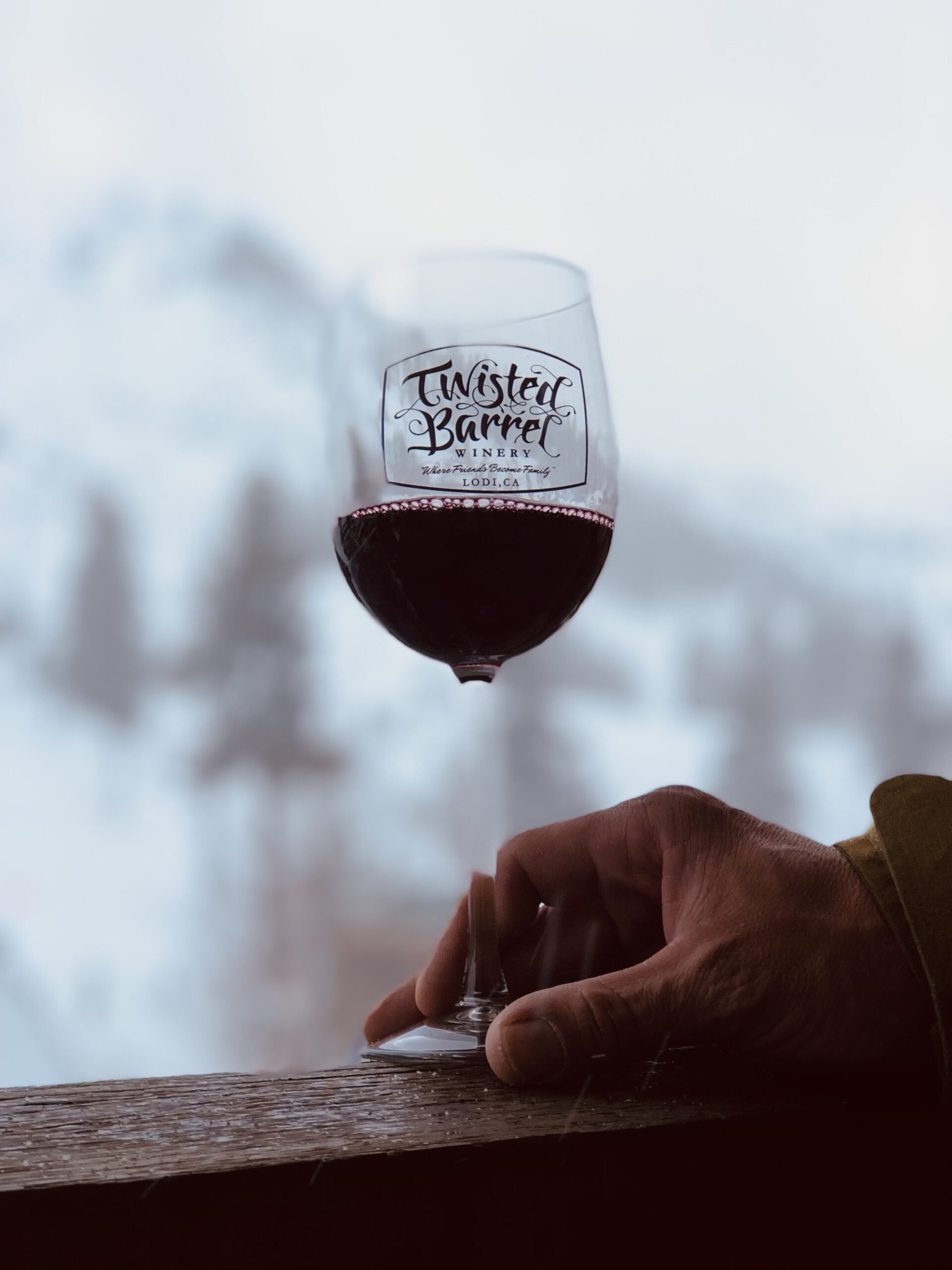 A glass of red wine labeled 'Twisted Barrel Winery' is balanced on the fingertips of a hand, with a blurred background of trees and sky.