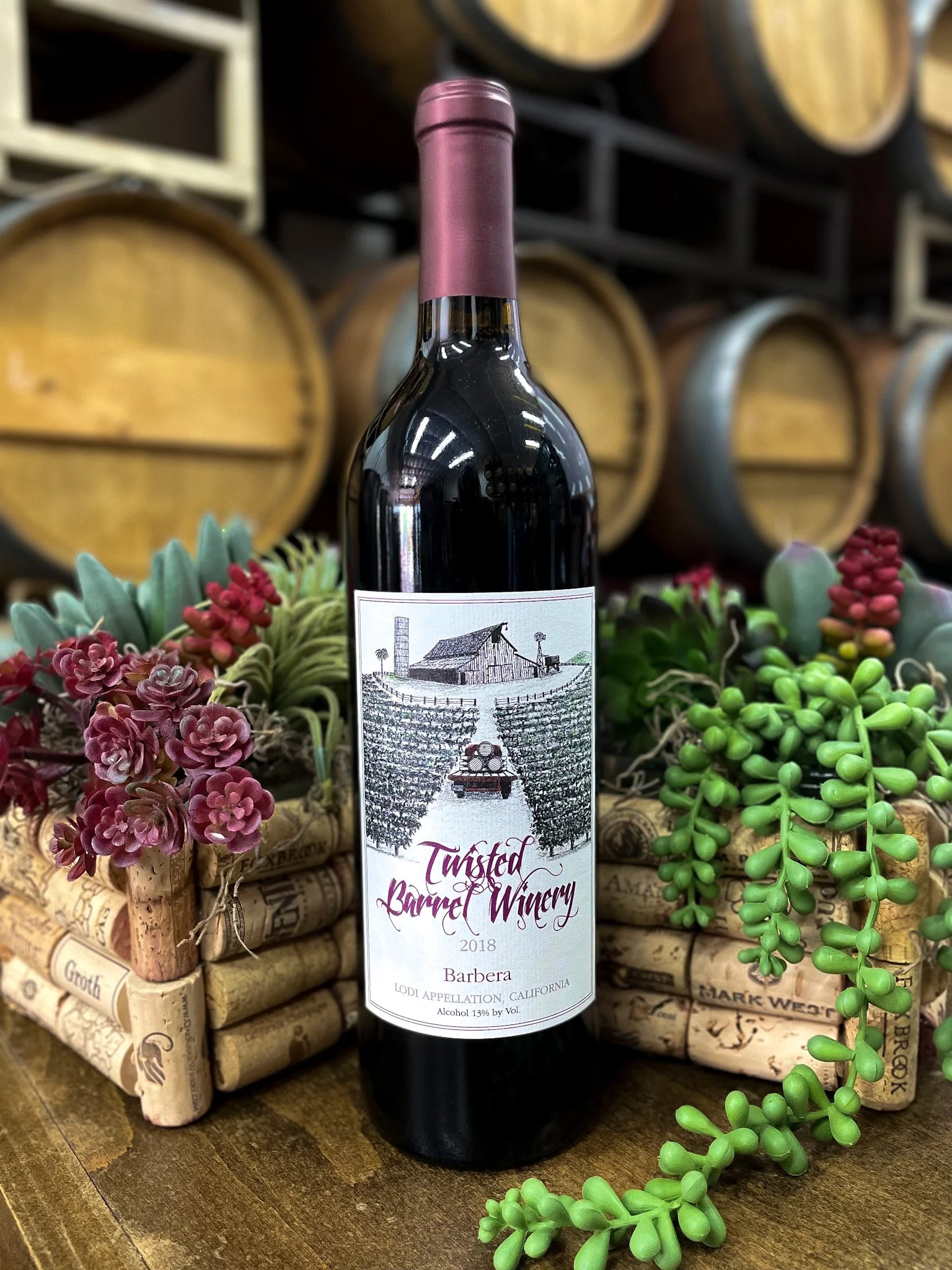 A bottle of Twisted Barrel Winery 2018 Barbera wine with a graffiti-style label, surrounded by succulents and decorative corks, with wine barrels in the background.