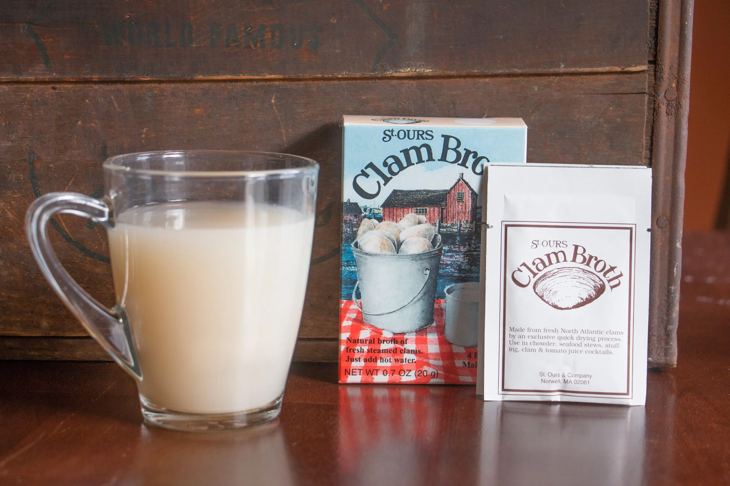 St. Ours mug of Clam Broth, Retail box of Clam Broth with recipe folder