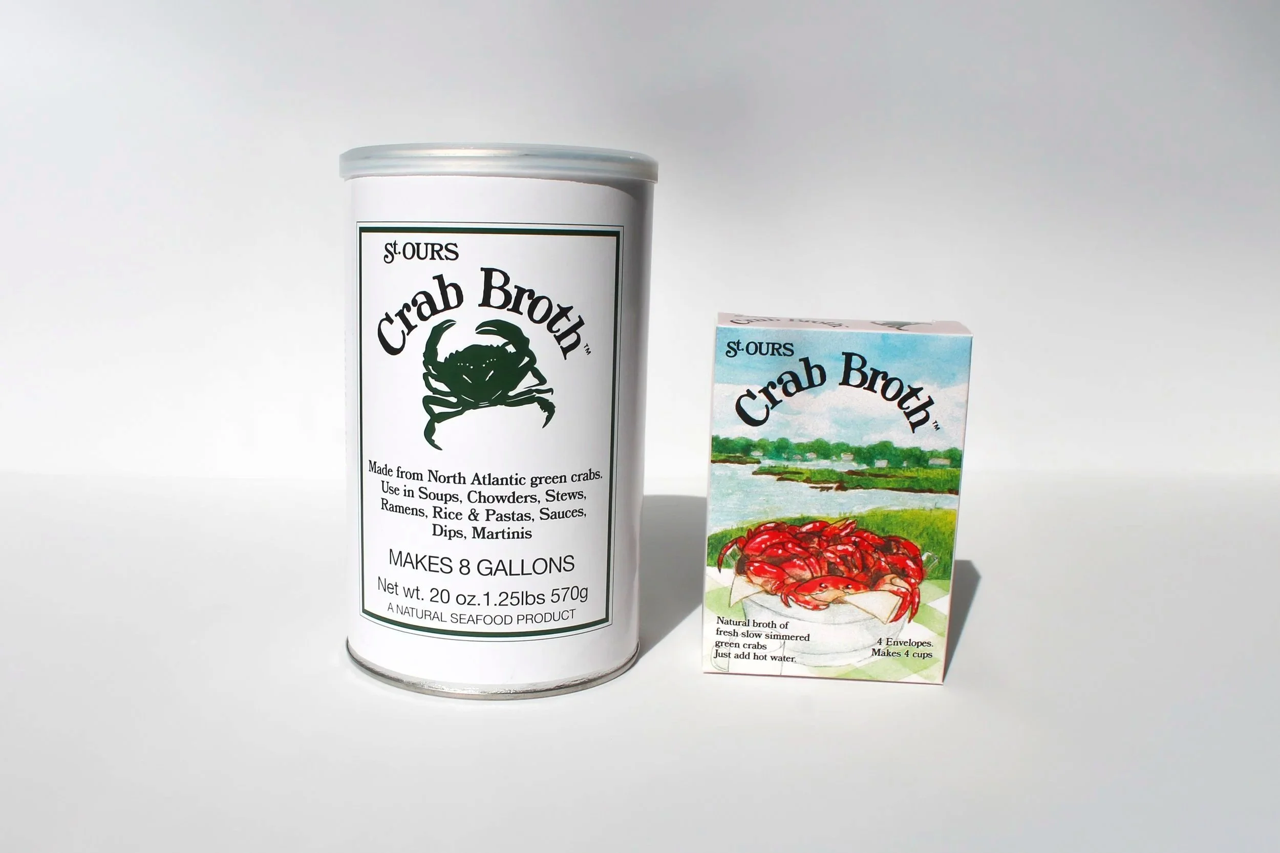 St. Ours Green Crab Broth retail box and food service tin, made of invasive European green crab