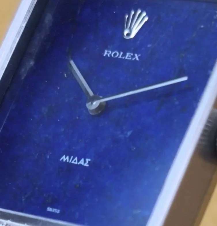 Close-up of 1976 Rolex King Midas Ref: 4611 original factory Lapis Lazuli dial