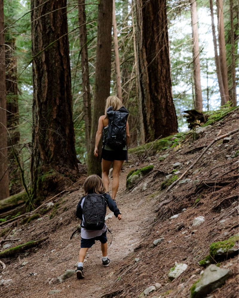A woman and a young child walking up a dirt trail in a forest with tall trees.