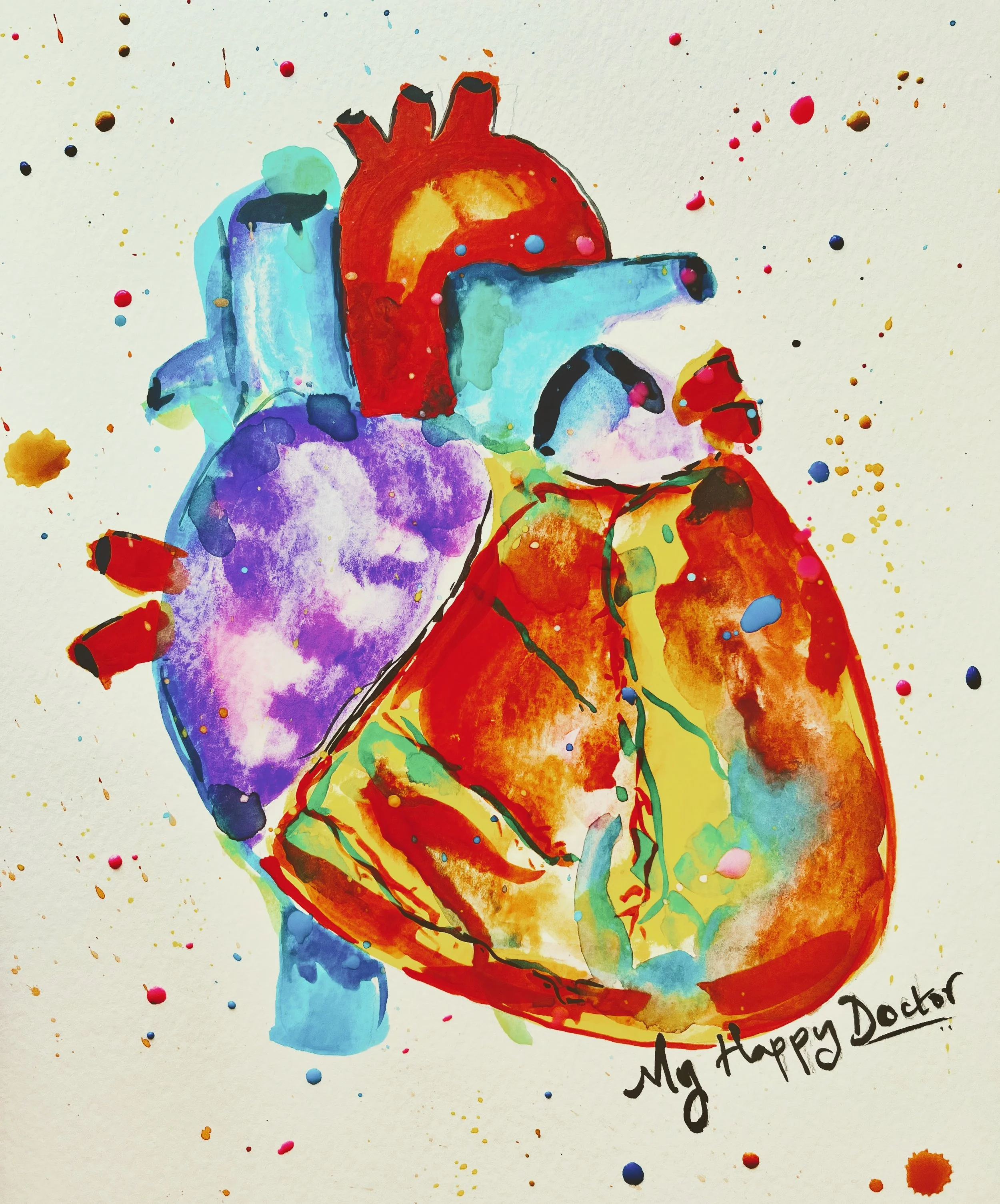 A colorful watercolor painting of a human heart with vibrant splashes of color, accompanied by a hand-written message that says 'Happy Doctor'.