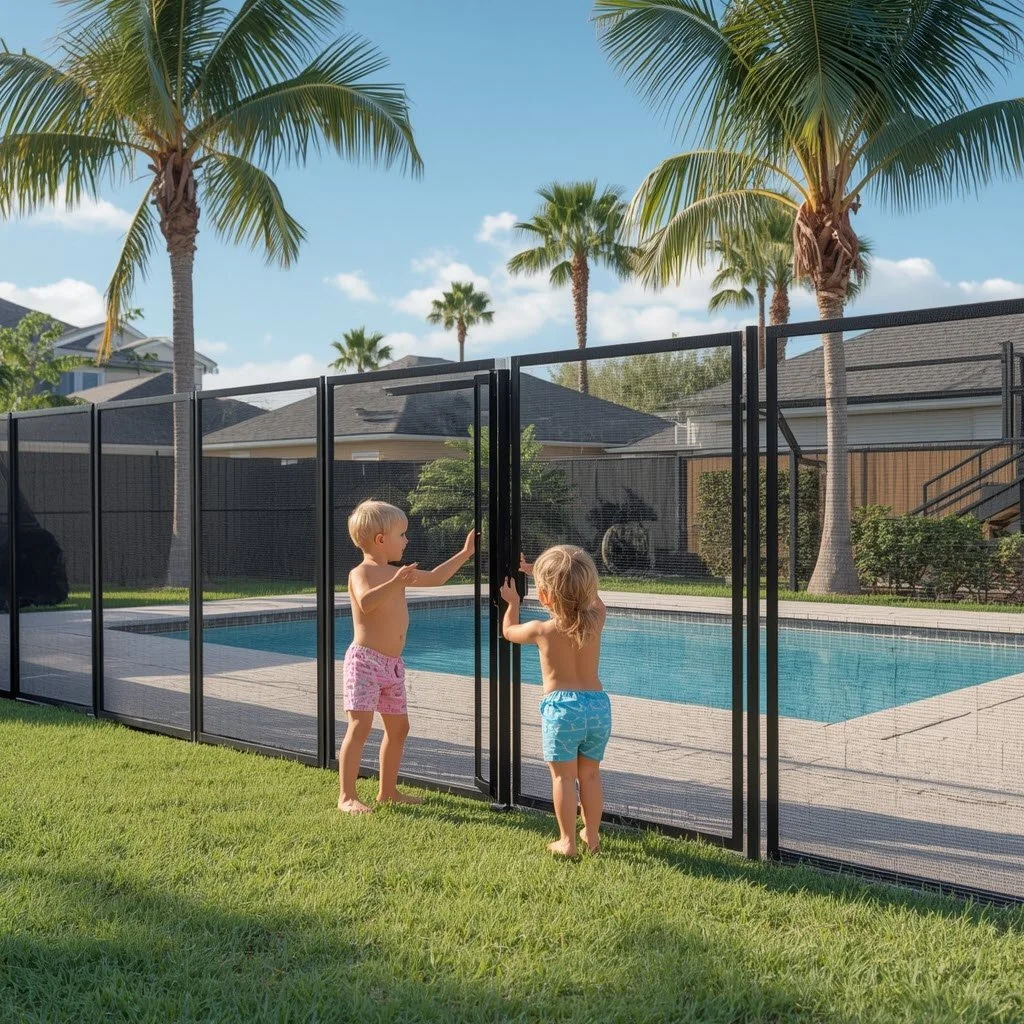 Two young children safely outside a pool fence
