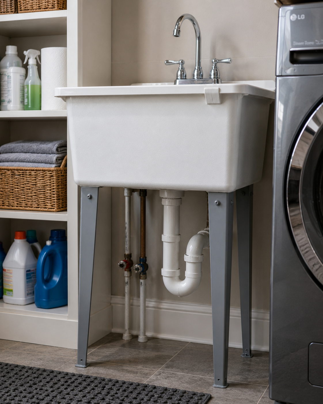 A utility laundry sink with a chrome faucet, situated next to a washing machine, with laundry supplies on a white shelving unit to the left.