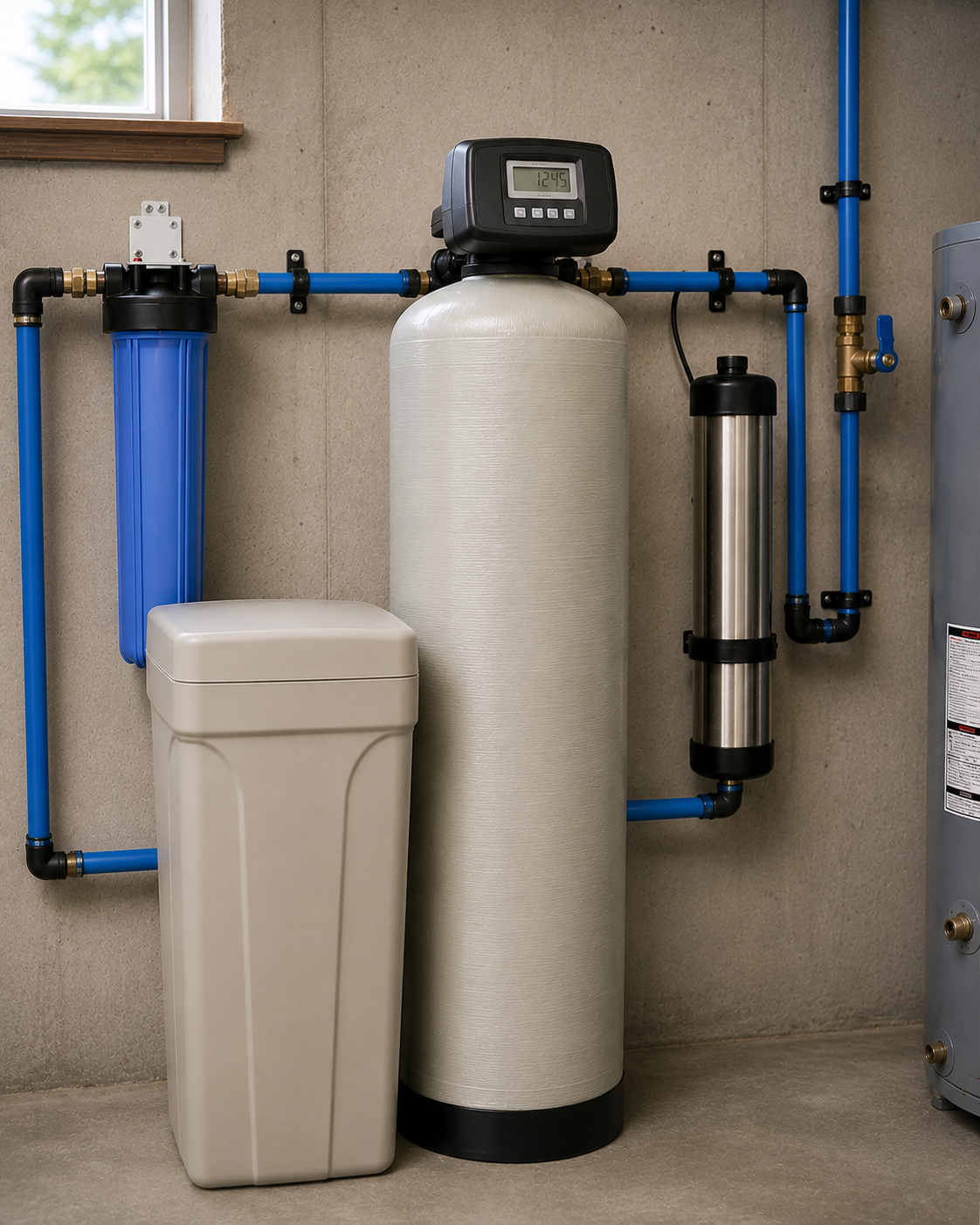 Home water filtration system with a large white tank, a digital control head on top, blue pipes, an inline filter, and a beige water softener or conditioner unit in a utility room.