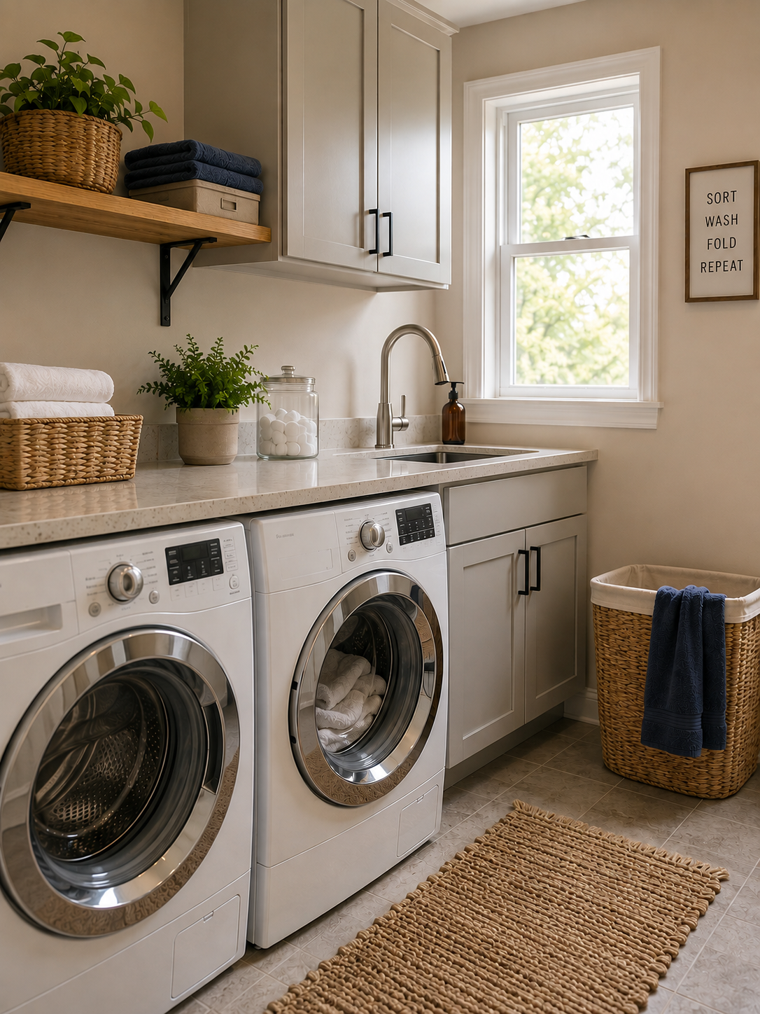 Modern residential laundry room featuring a washer, dryer, and utility sink representing laundry plumbing repair and installation services.