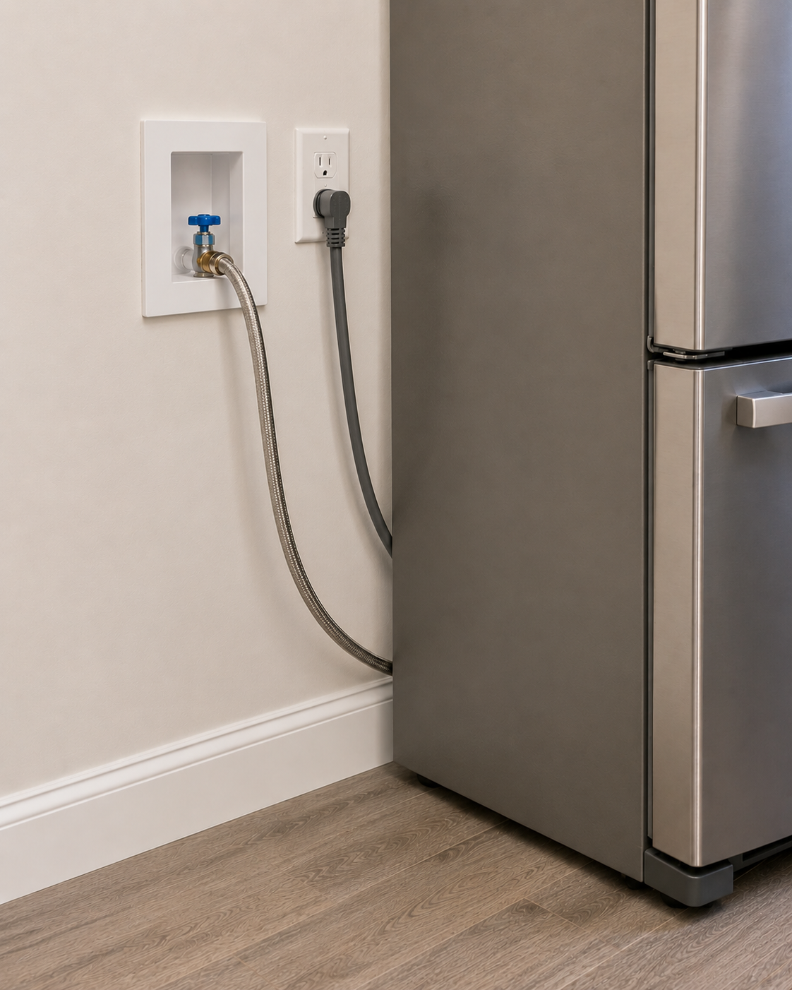 A laundry area with a water supply valve and hose connected to a power outlet, next to a stainless steel refrigerator on a light wood floor.