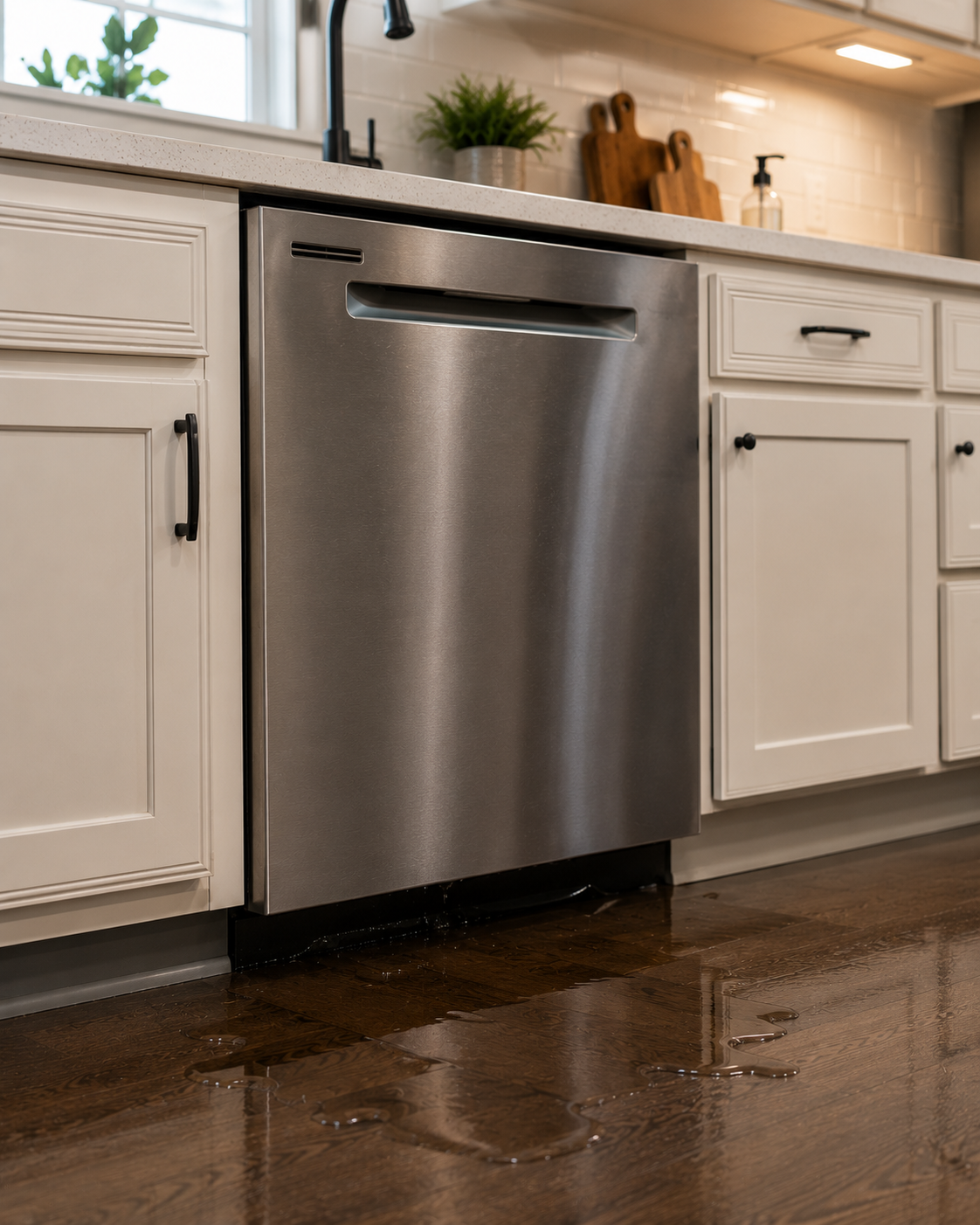 Kitchen with white cabinets and stainless steel dishwasher, with water spilled on the wooden floor.