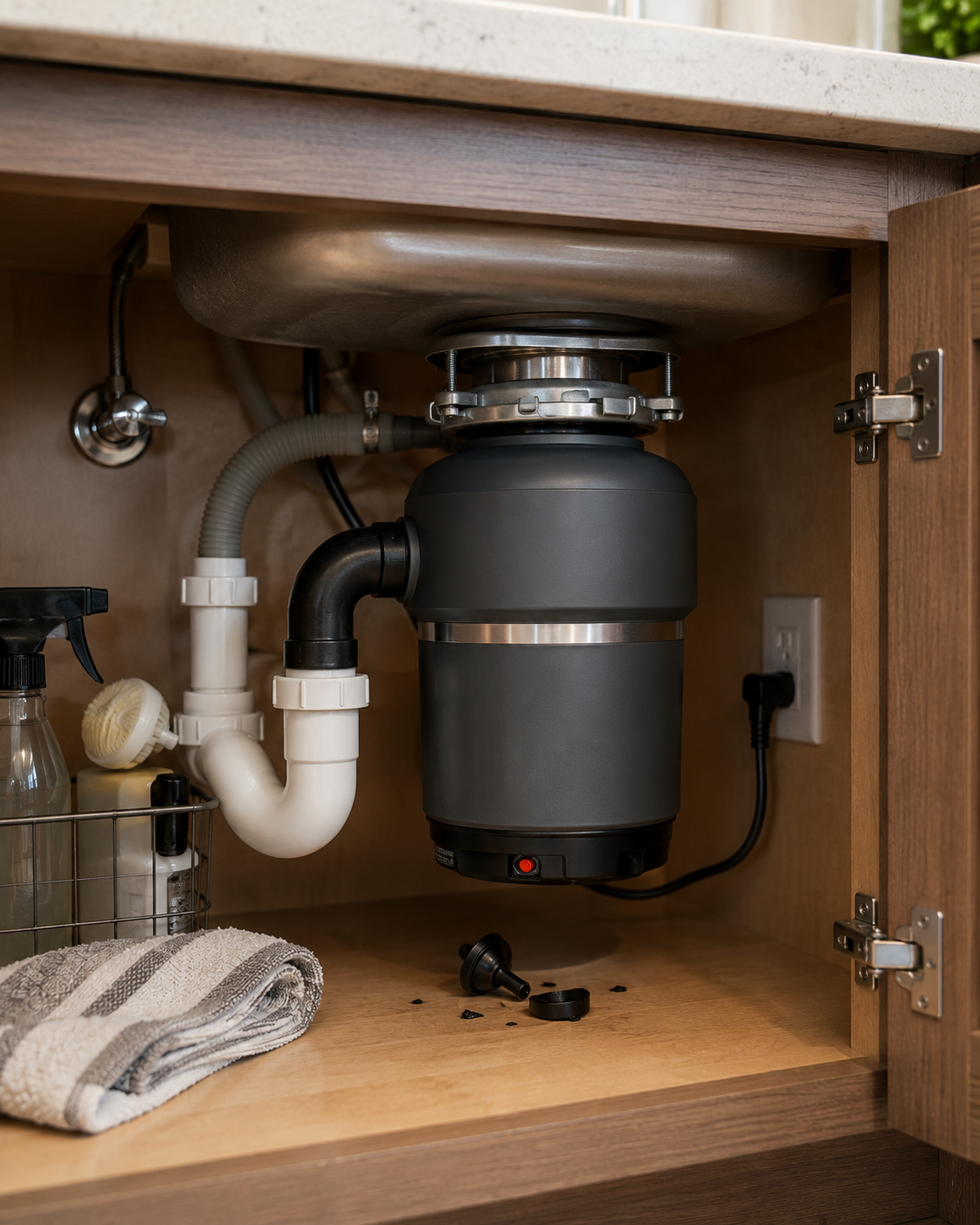 Under-cabinet view of a garbage disposal unit connected to the sink drain, with a power cord plugged into an outlet, and cleaning supplies on a towel nearby.