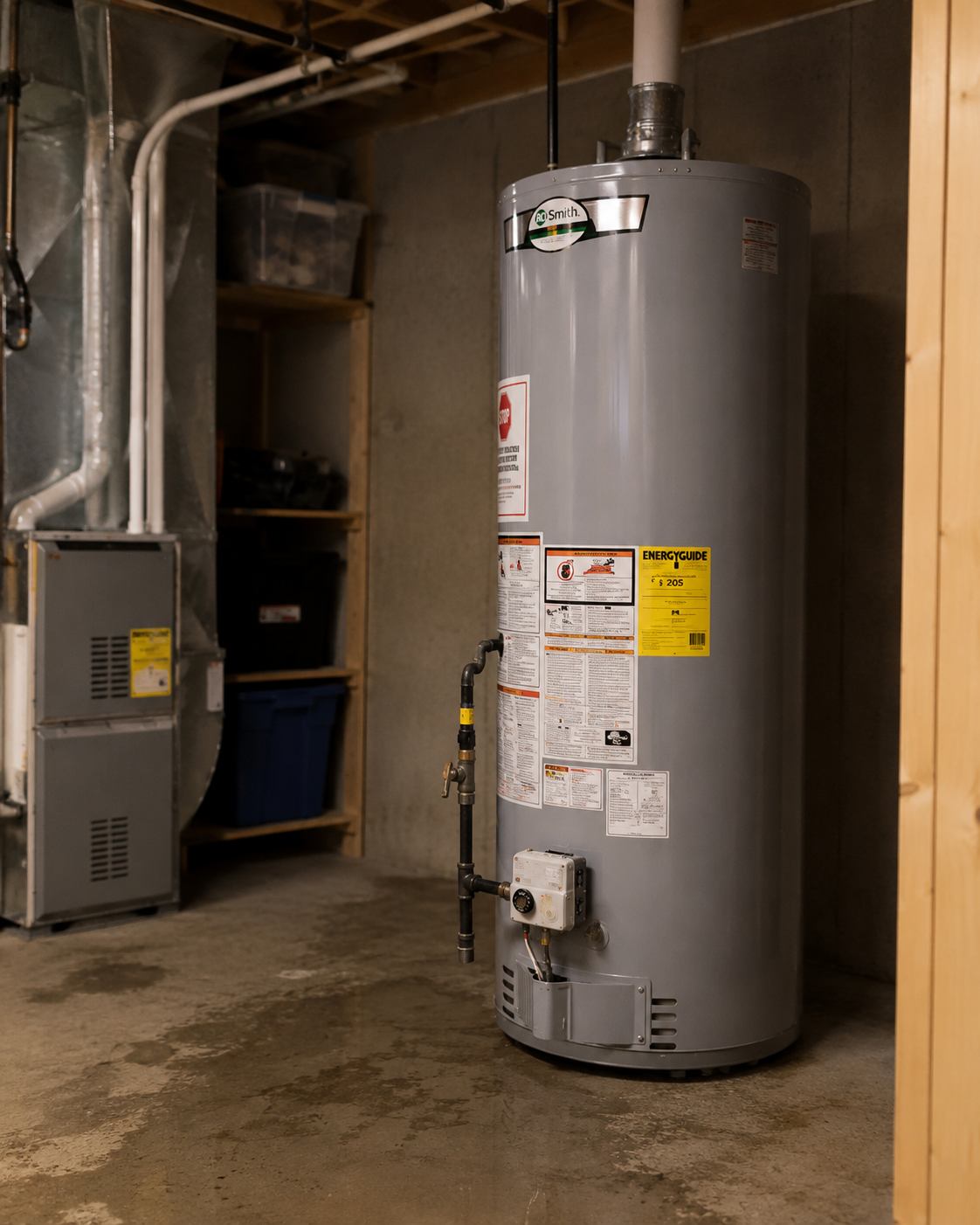 A tall, grey water heater in a basement, with various warning and energy labels and connected pipes.