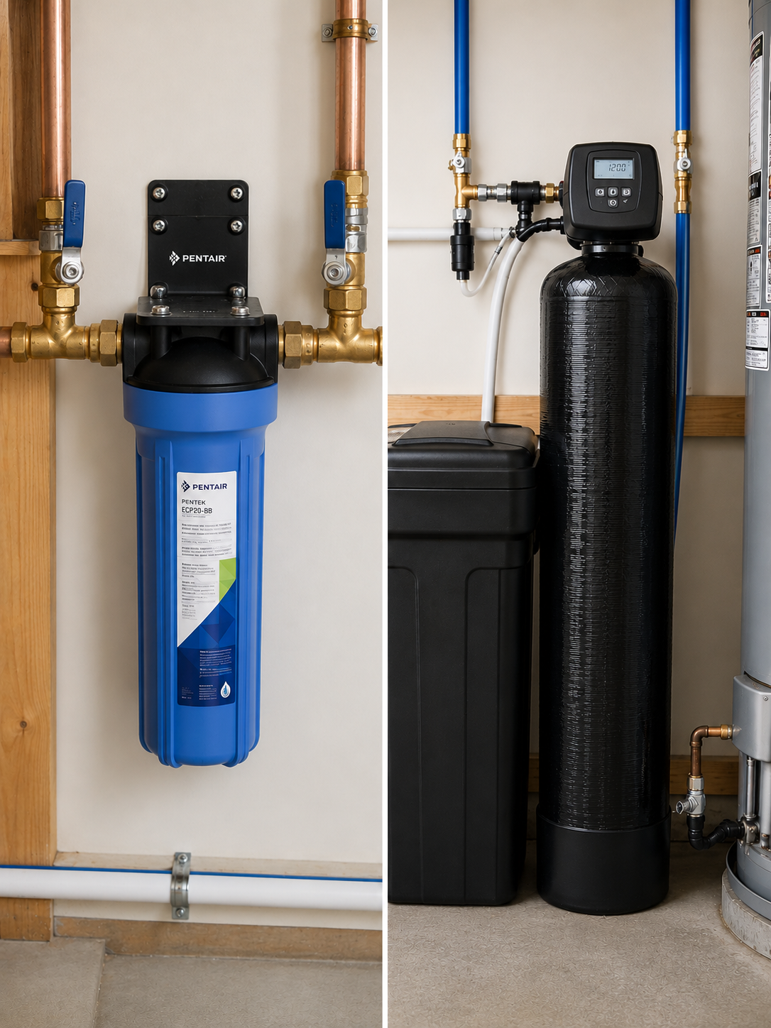 Left side shows a water filtration system with a blue filter housing labeled 'Pentair'. Right side shows a water softener with a digital control panel, black tank, a black container, and a water heater in the background.