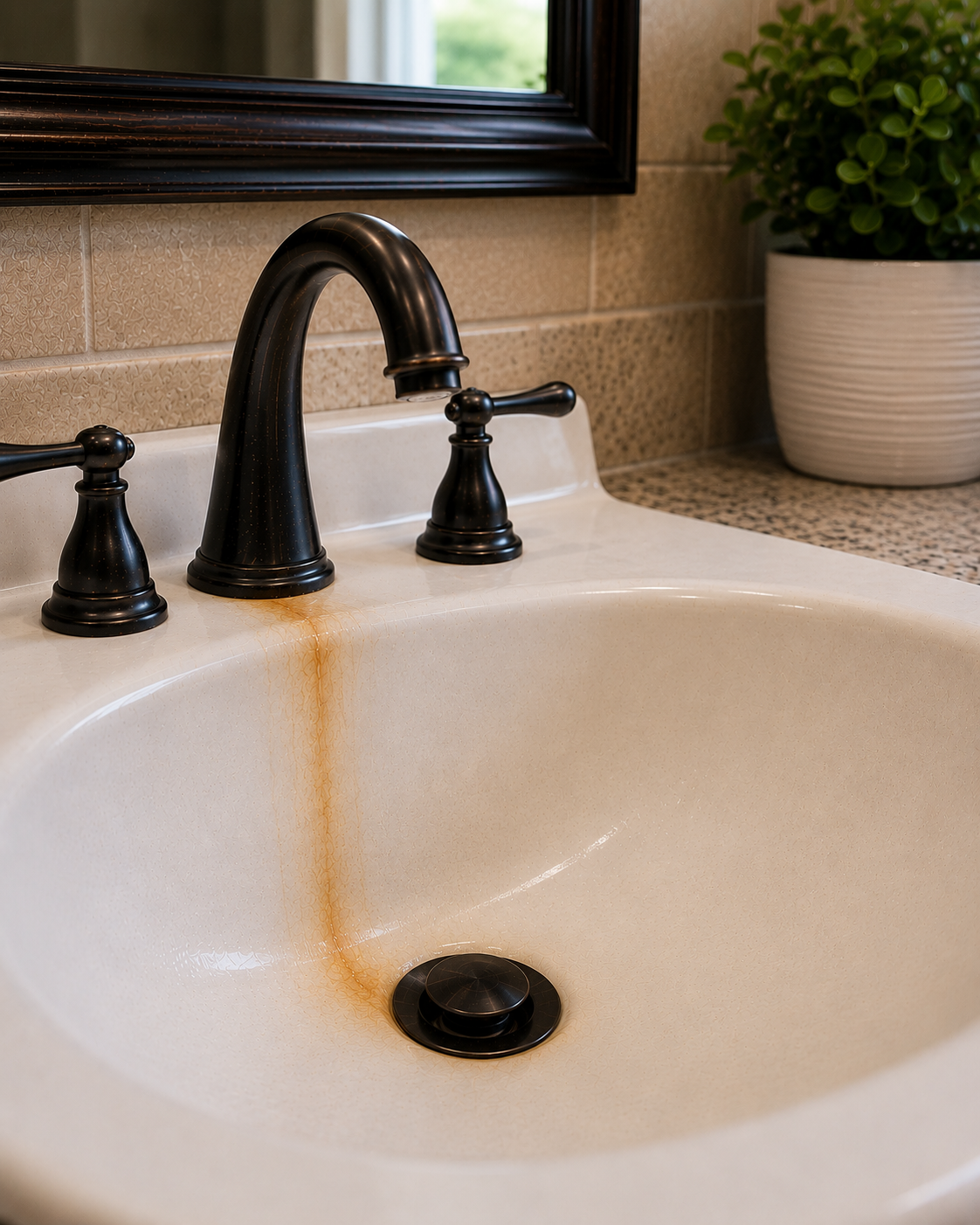 Bathroom sink with a black faucet, beige tiled backsplash, and a potted plant in the background