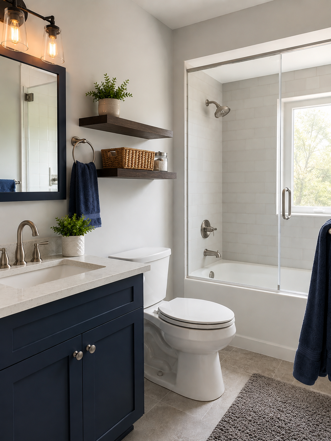 Modern residential bathroom featuring a toilet, vanity, and shower representing bathroom plumbing repair and installation services.