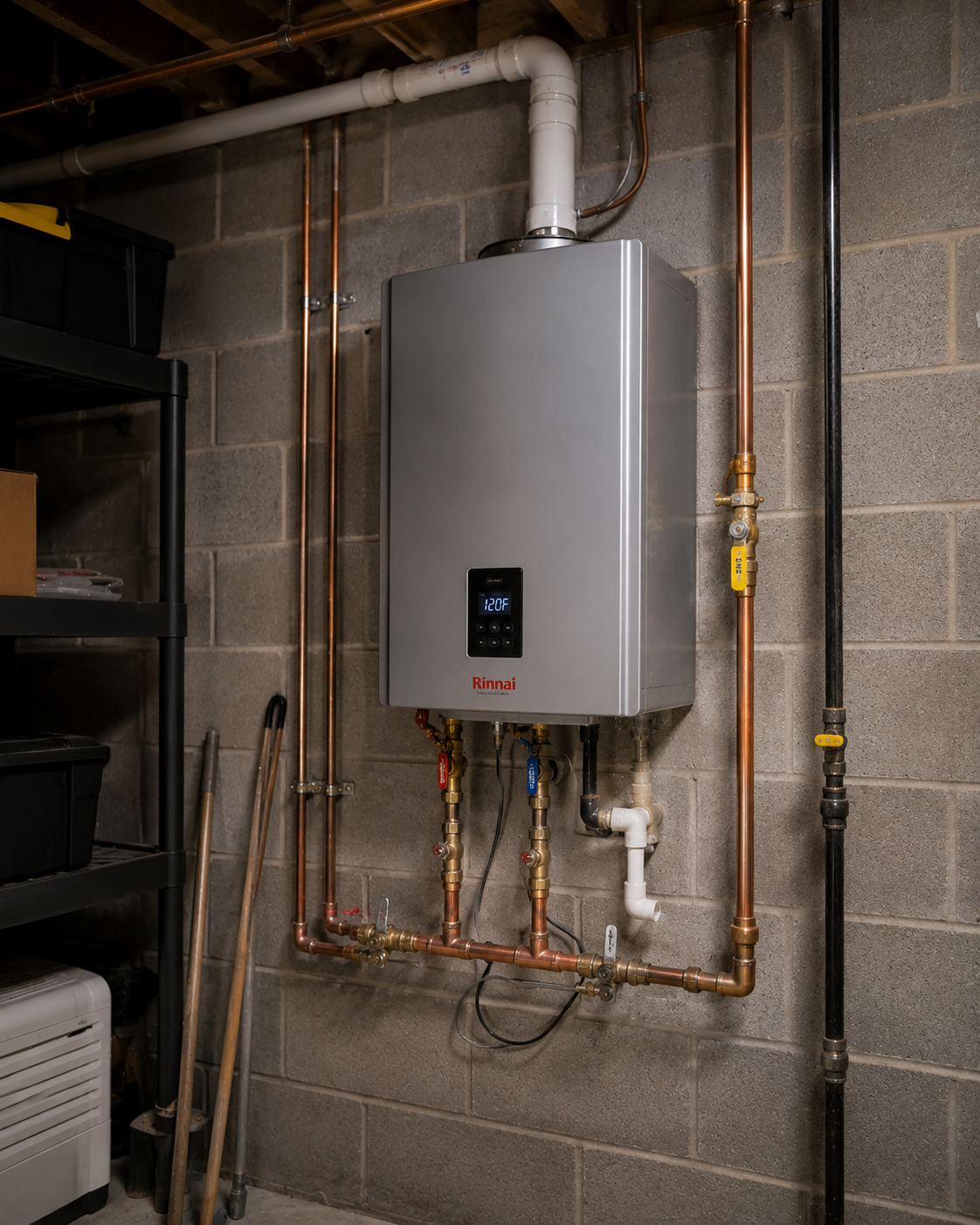 A wall-mounted Rinnai tankless water heater with copper and plastic pipes connected to it, in a basement utility room.