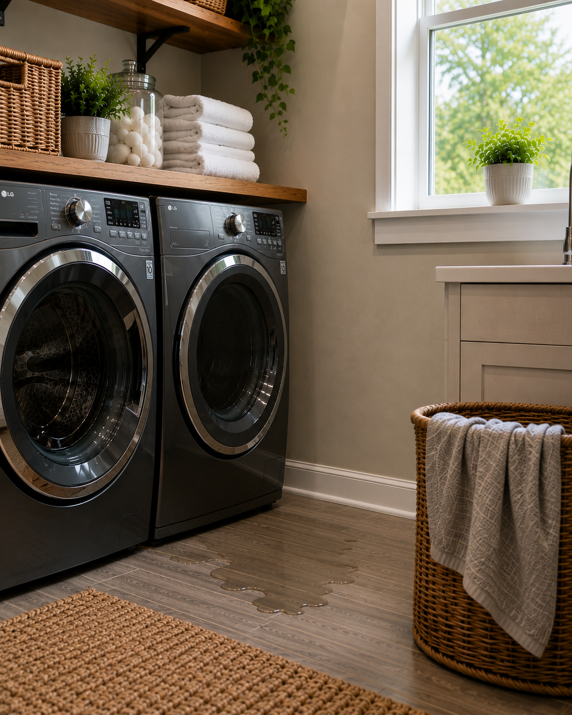 Laundry room with front-loading washing machine and dryer, wooden shelf with towels and decorative items, woven basket, and potted plant near a window