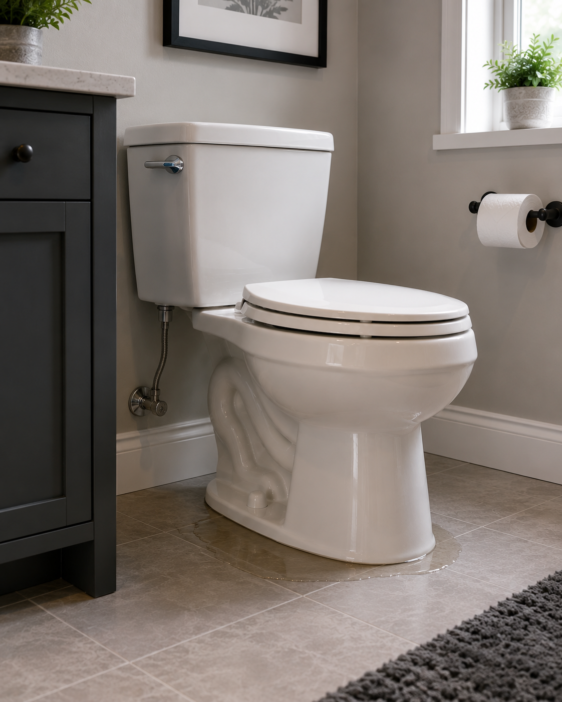 Residential toilet with water leaking around the base representing toilet repair and replacement services.