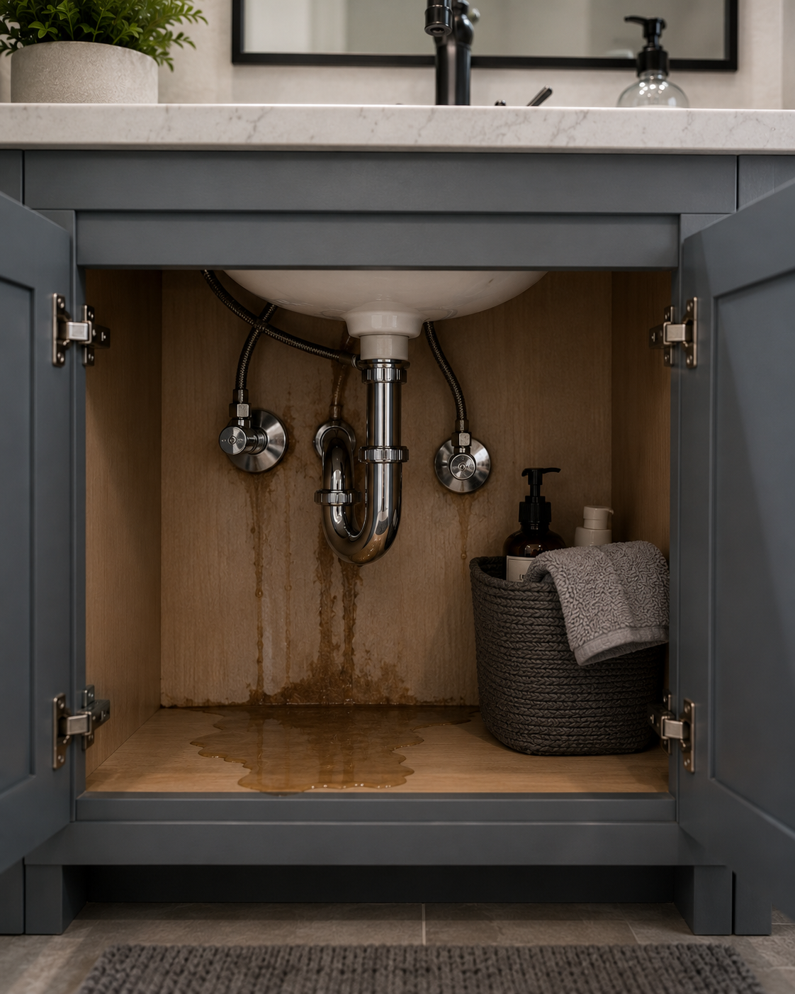 Underneath a bathroom sink with a leak causing water to pool and stains inside the cabinet, which contains cleaning supplies and a rolled towel.