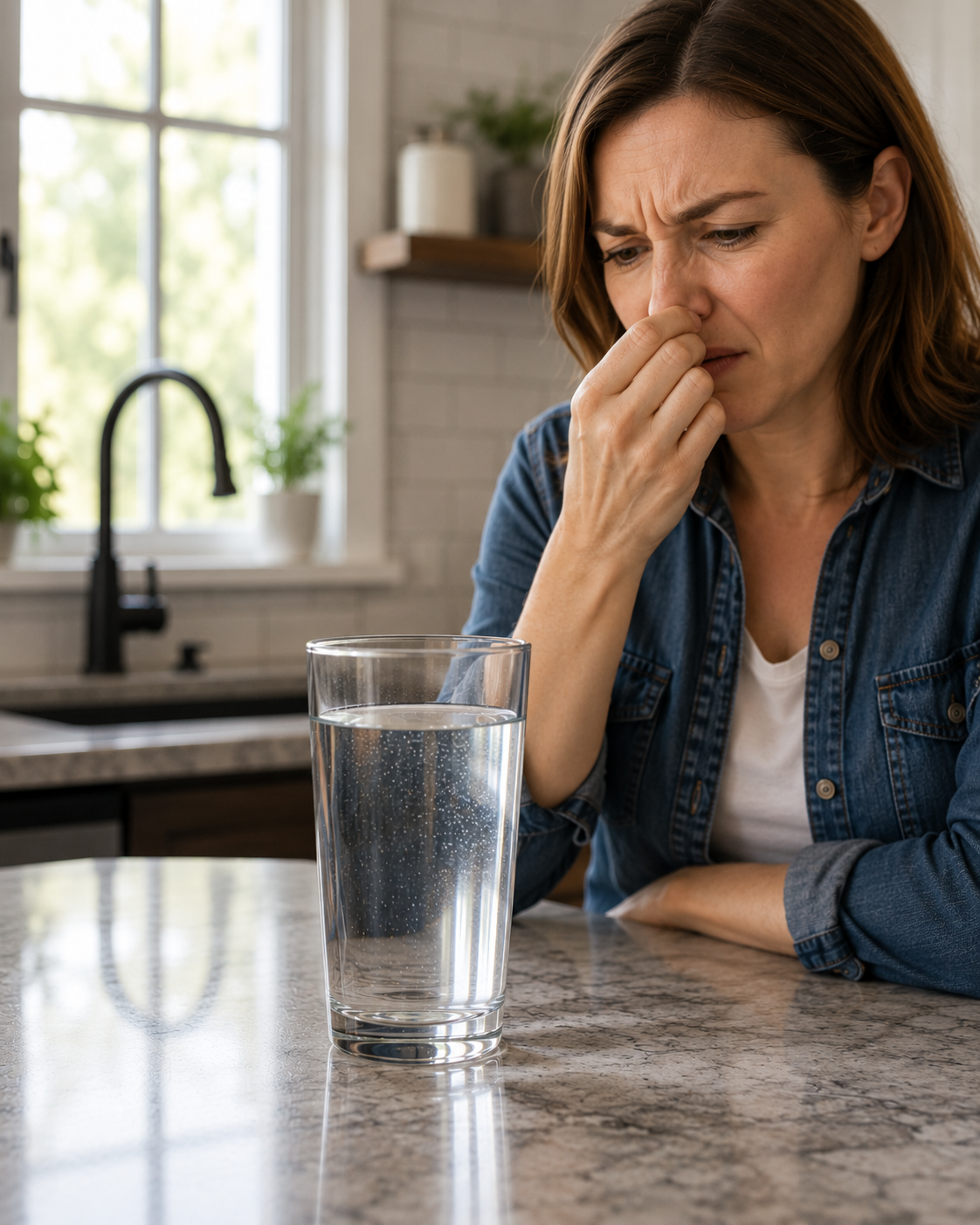 A woman with shoulder-length brown hair wearing a denim shirt and white t-shirt is sitting at a kitchen counter, holding her nose with one hand, appearing upset or uncomfortable. In front of her is a glass of water with bubbles, and the background shows a bright kitchen with a window, sink, and potted plants.
