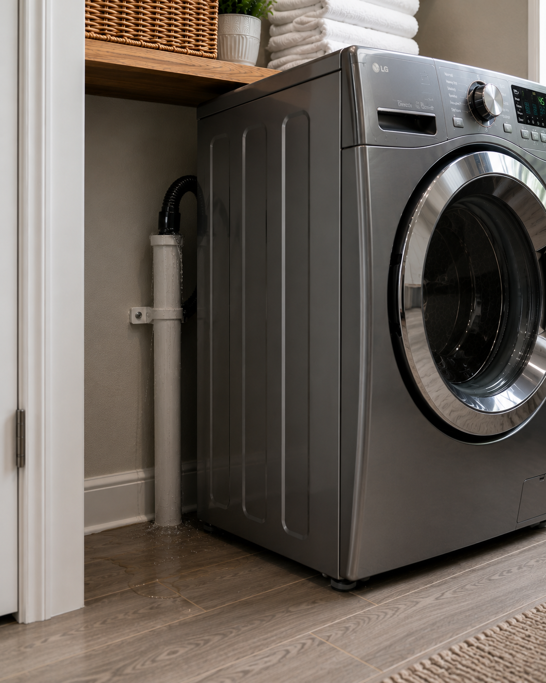 A front-loading silver washing machine in a laundry room with a wood shelf holding neatly folded towels and a plant.