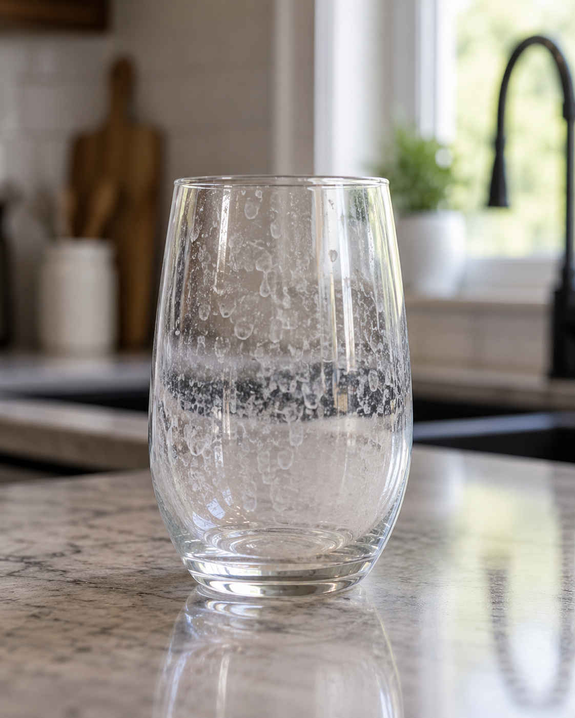 Empty glass on a kitchen countertop with condensation on the outside, with a blurred kitchen background including a window, a potted plant, and kitchen utensils.