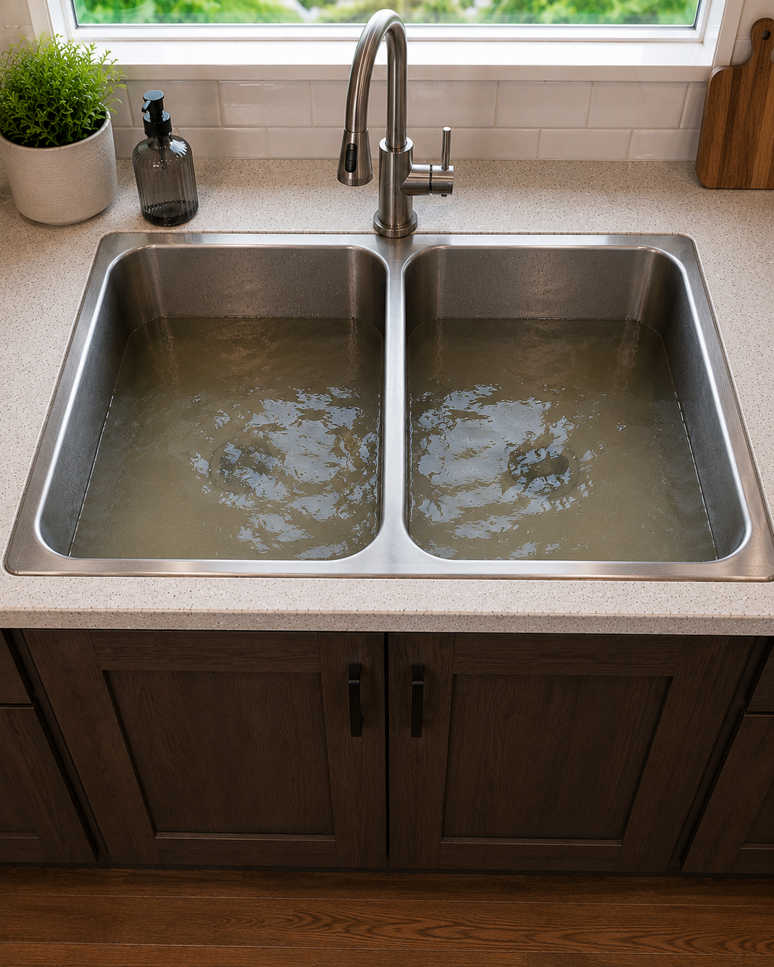 Kitchen sink filled with dirty water, with a faucet above. There is a potted plant and a soap dispenser on the countertop, and a window above the sink.