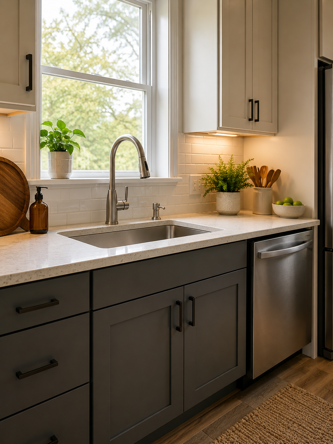 Modern residential kitchen featuring a sink, faucet, and cabinetry representing kitchen plumbing repair and installation services.