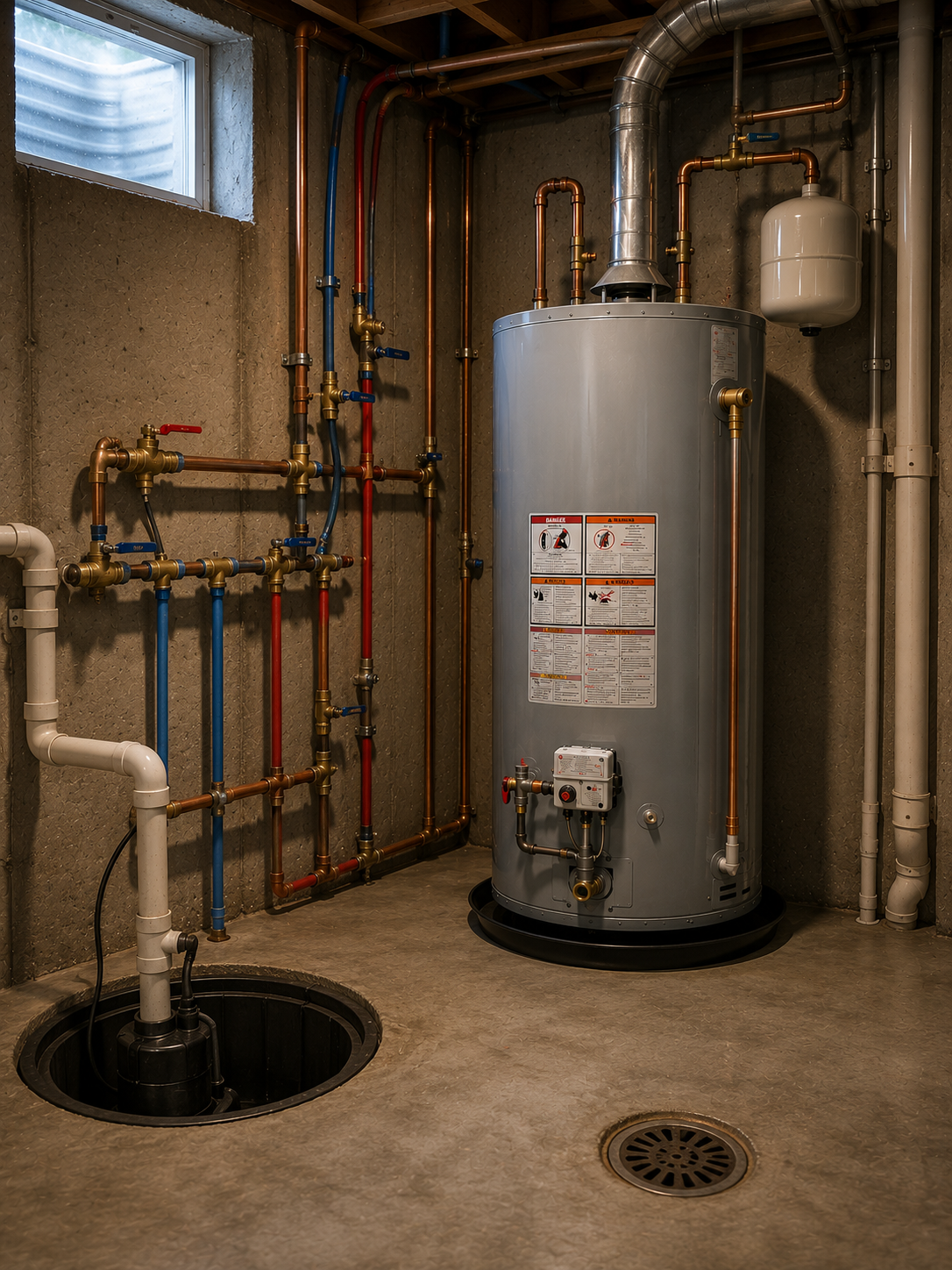 Indoor utility room with a tall gray water heater, copper and plastic pipes, and a sump pump drain in the floor.