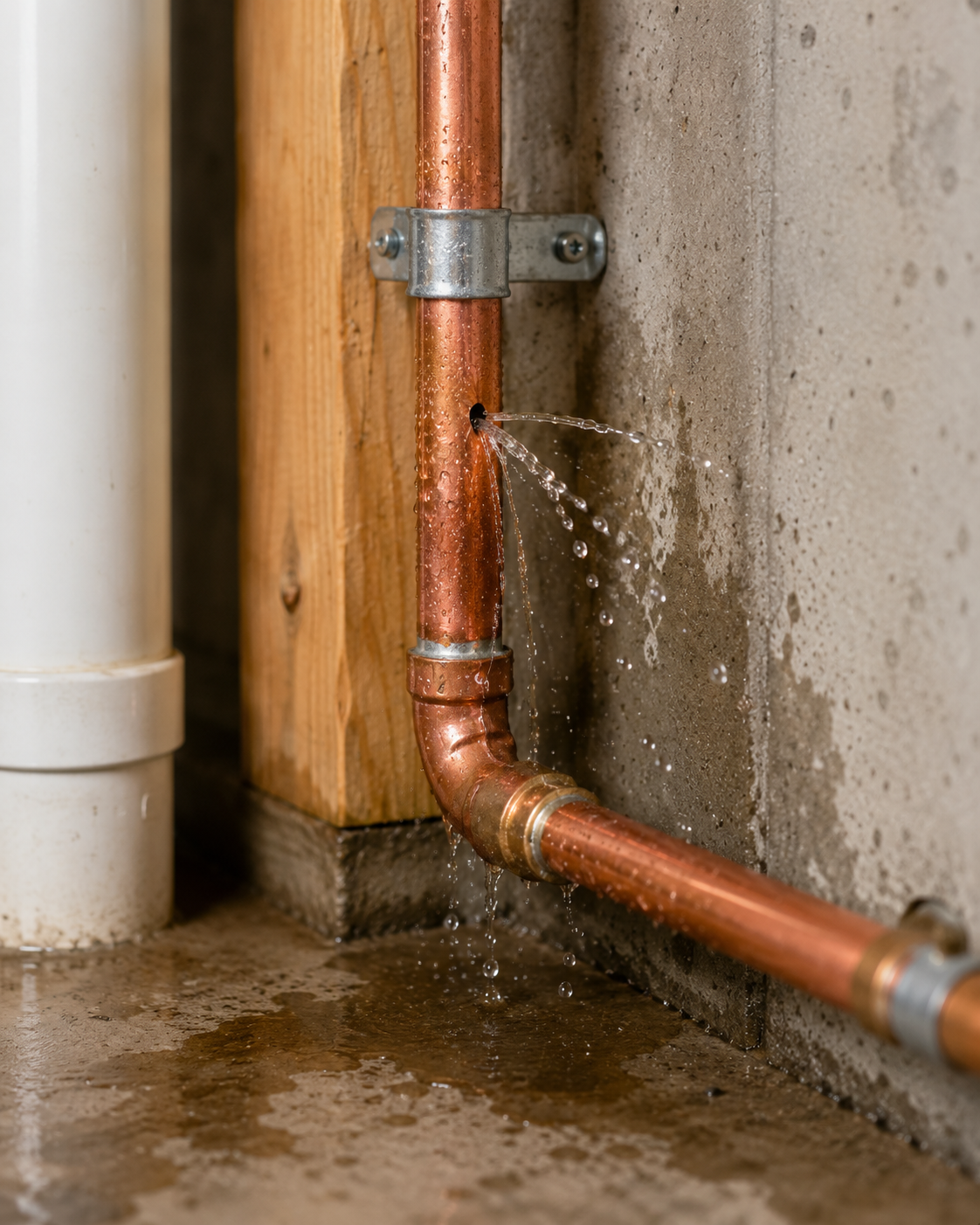 A copper pipe leaking water onto a concrete floor in a construction or plumbing setting, with a wooden wall and gray concrete block wall in the background.